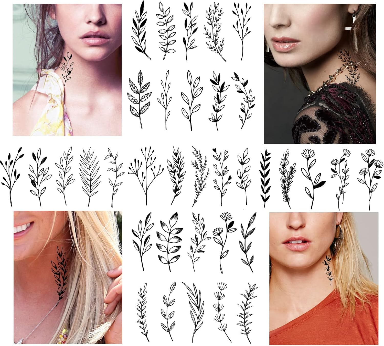 18 Sheets Realistic Temporary Tattoo, Tiny Branch Black Flower Temporary Tattoos for Women Girls Kids, Bouquet Small Tattoo Temporary Sticker Wild Plant Floral Fake Tattoos image number 2