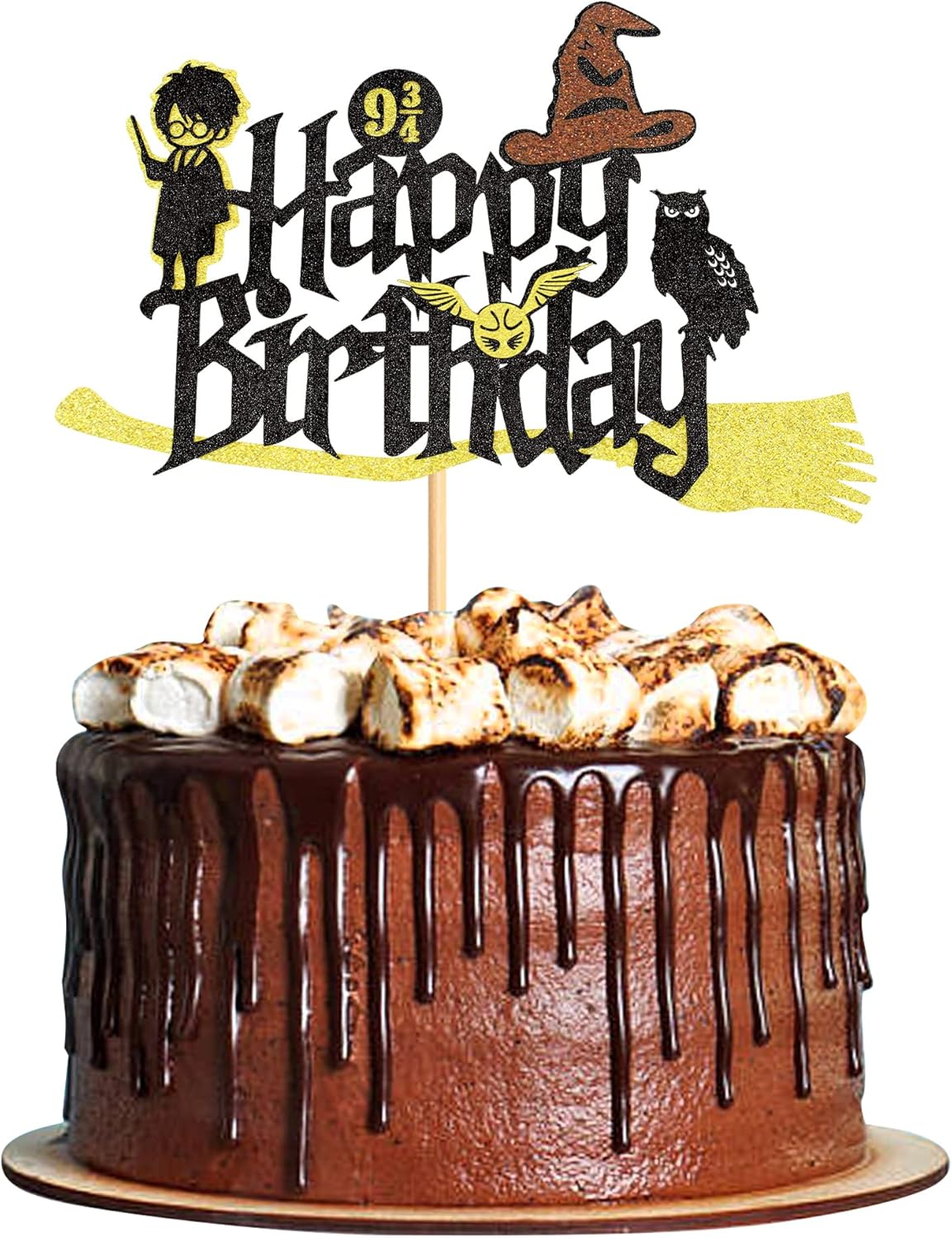1Pc Glitter Black Magical Wizard Inspired Cake Topper Happy Birthday Cake Topper Pick for Magic Theme Party Supplies