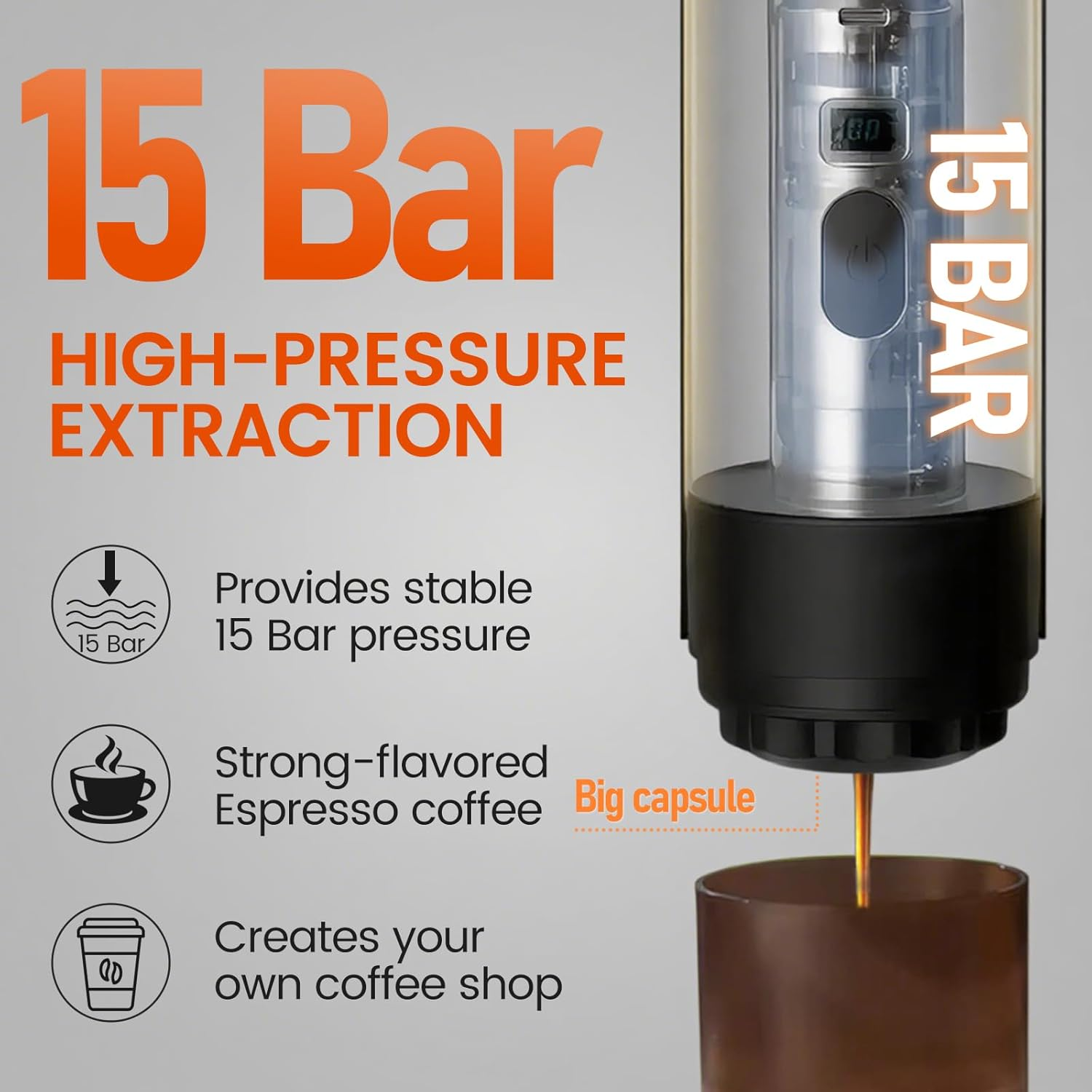 Portable Espresso Machine,Usb Rechargeable Cordless Travel Coffee Maker,20Bar Self Heating Espresso Coffee Machine,Compatible with NS Capsules & Ground Coffee for Camping, Hiking, Office (Orange) - Gray image number 5