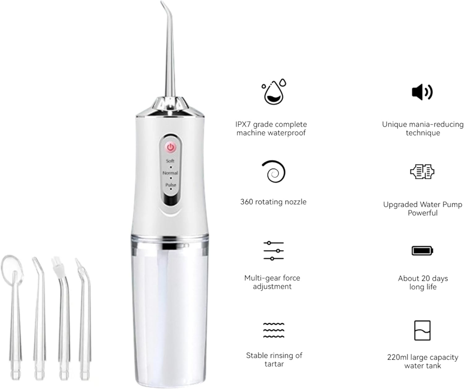 Water-Flosser-Teeth-Cleaner, Rechargeable - Waterproof, Portable Cordless Dental Oral Irrigator, Water Flossers for Teeth, 3 Modes 4 Nozzles, for Home&Travel (Pink) image number 6