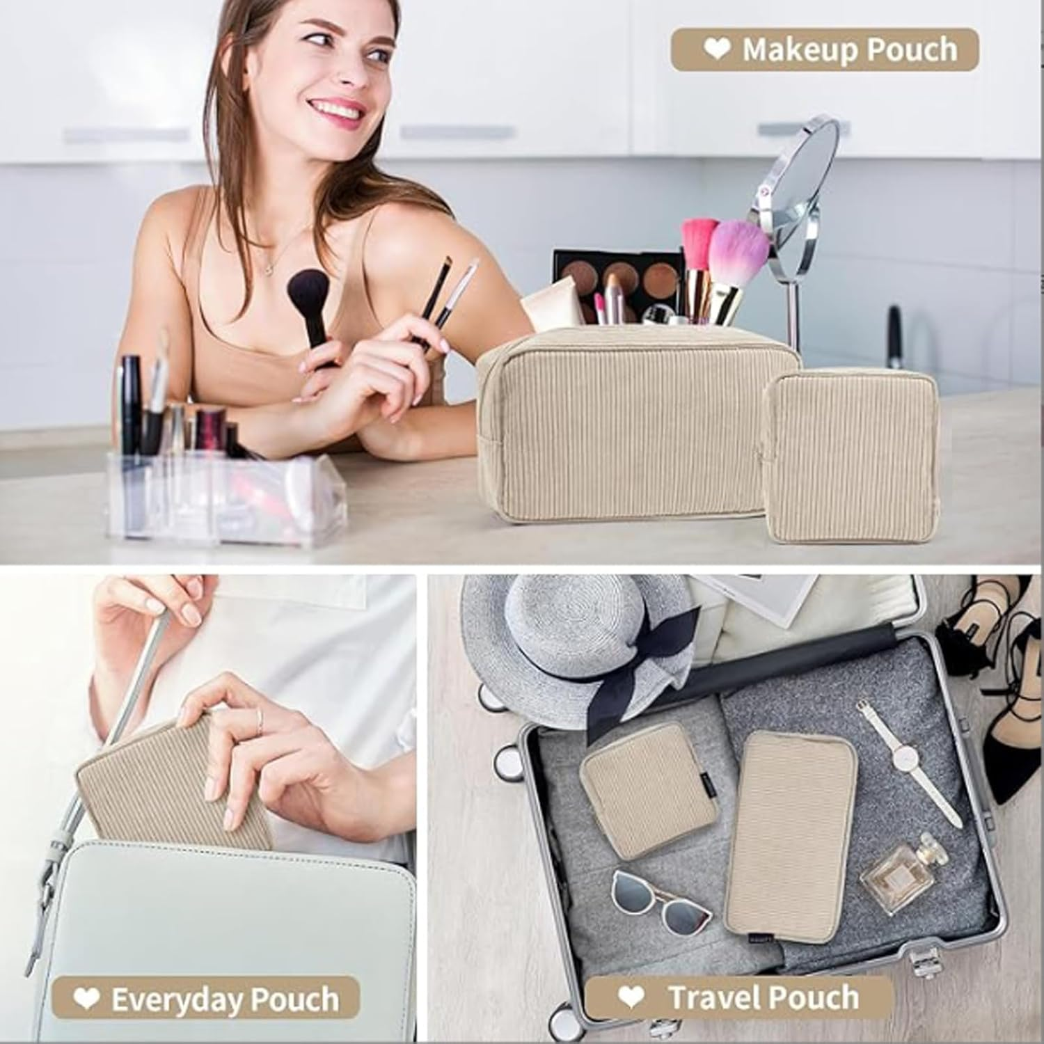 SSKHE 2 Pieces Cosmetic Bag Small Makeup Bag for Handbag, Cord Women with Compartments Travel Makeup Bag for Girls Women