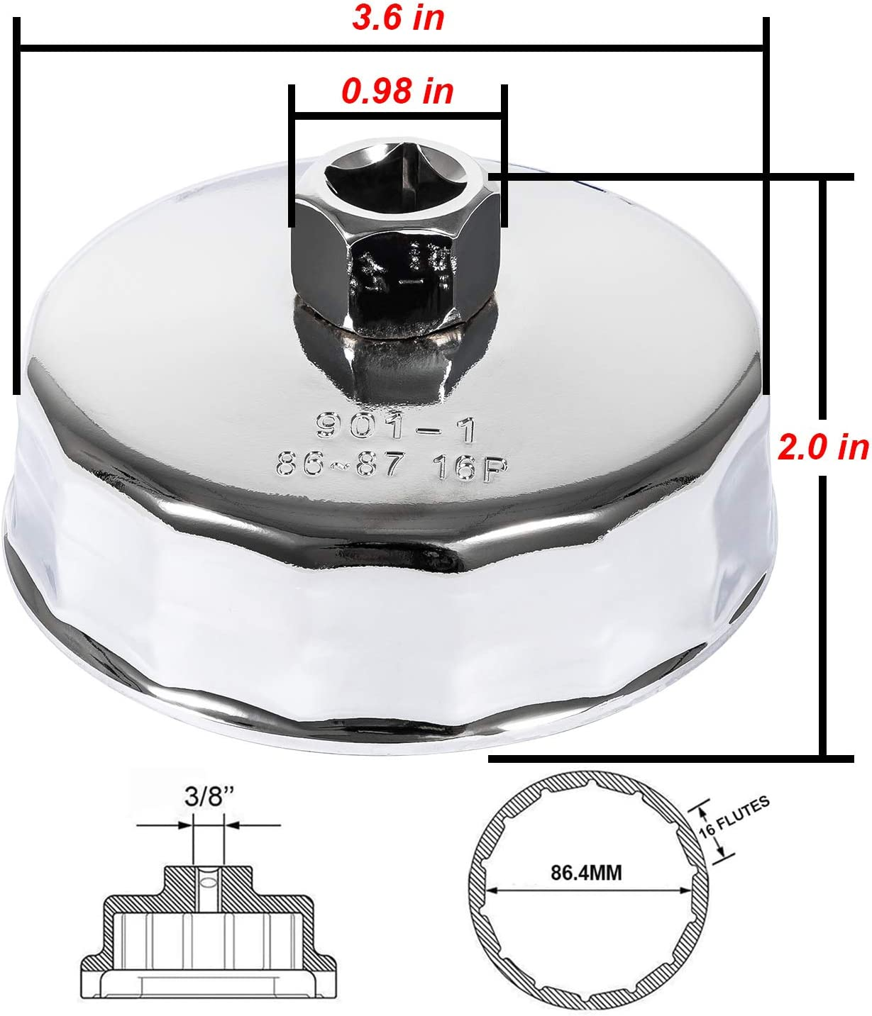 Oil Filter Wrench 86Mm 16 Flutes for BMW and Volvo, Oil Filter Housing Cap Removal Tool Fits N20 N26 N51 N52 N54 N55 N63 N74 S55 and S63 Engines, Heavy Duty Cup Wrench image number 4