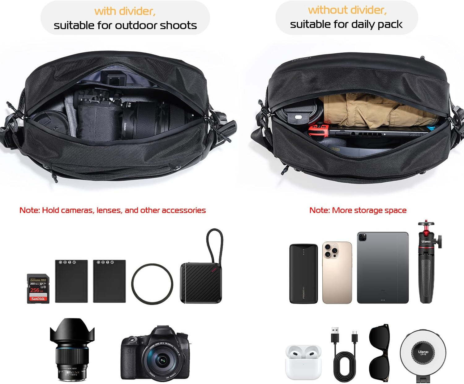 ULANZI Sling Camera Bag, Waterproof Camera Backpack with Tripod Holder, Dslr/Slr/Mirrorless Camera Case Crossbody for Photographers - Black 10L Capacity image number 2