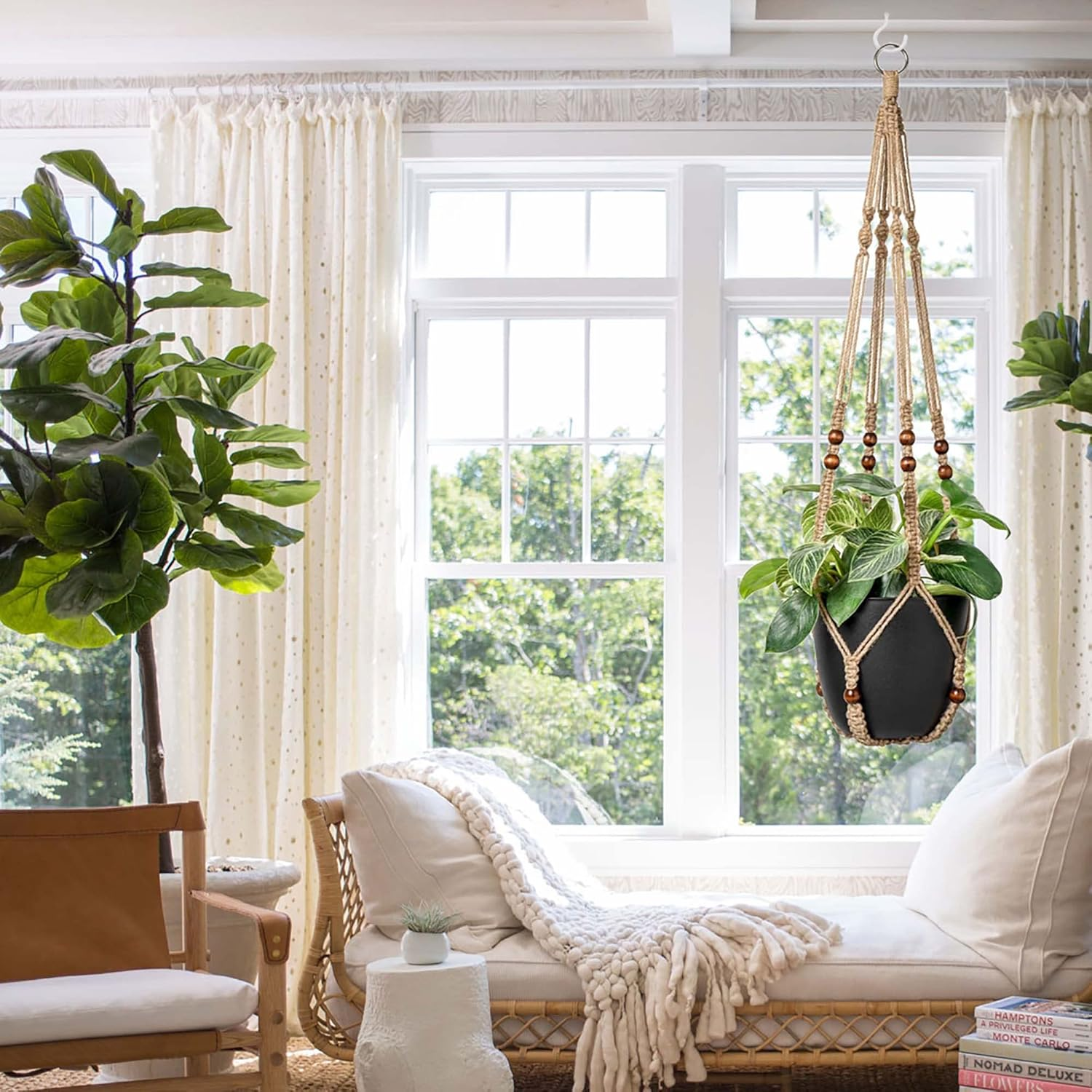 Hanging Planter Rope Macrame Plant Hanger Indoor Wall Hanging Planter + 2 Hooks Hanging Planters Basket Cotton Rope 4 Legs 35 Inch Used for Herbs Ferns Ivy Crawling Plants Hanging Planters(Brown) image number 6