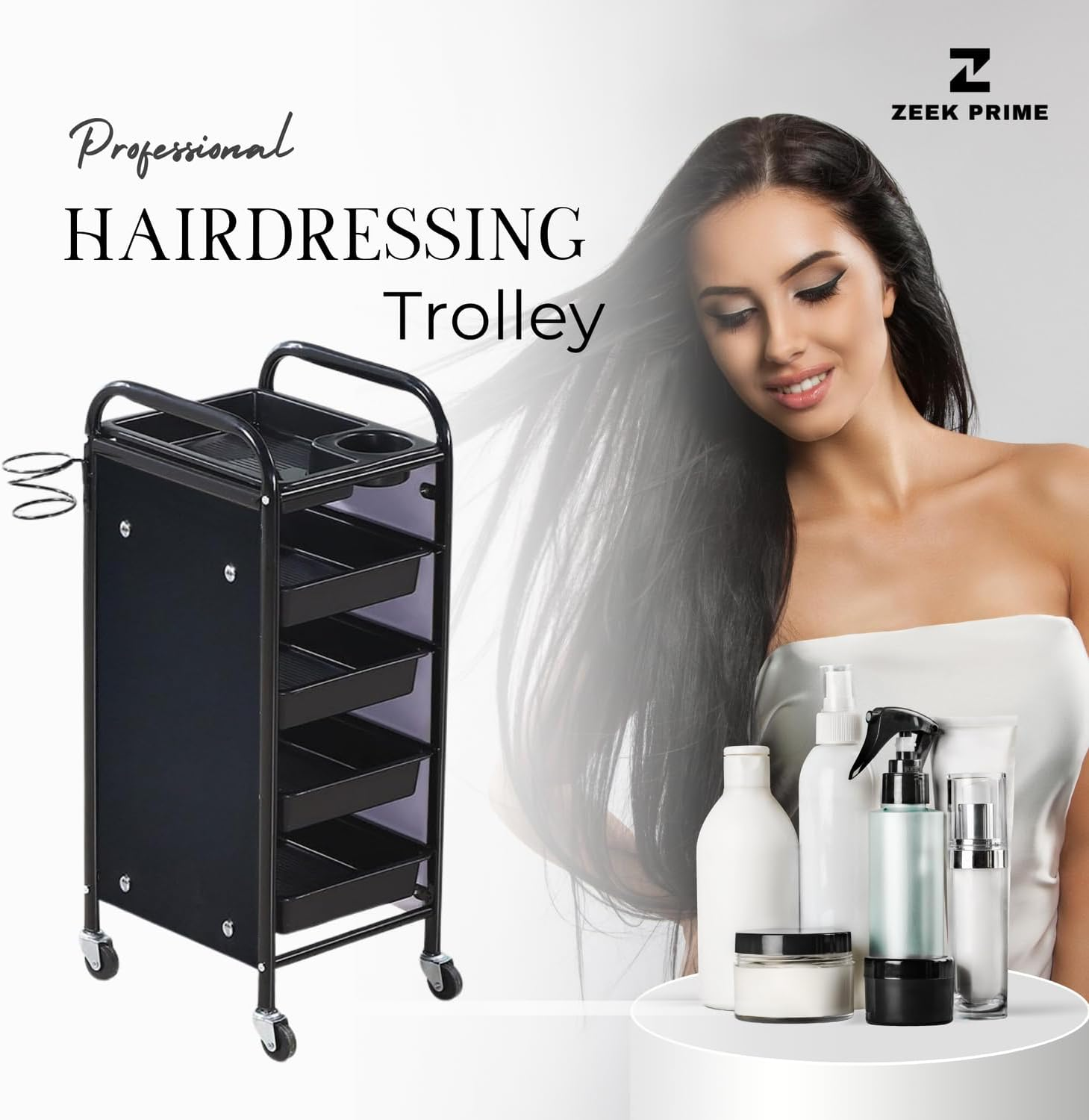 ZEEK PRIME - Hairdressing Trolley with 5 Layers &ndash; Rolling Salon Cart Organizer with Metal Frame, Lockable Wheels & Deep Storage Trays | Black Mobile Beauty Station for Hair Stylists, Barbers. image number 1