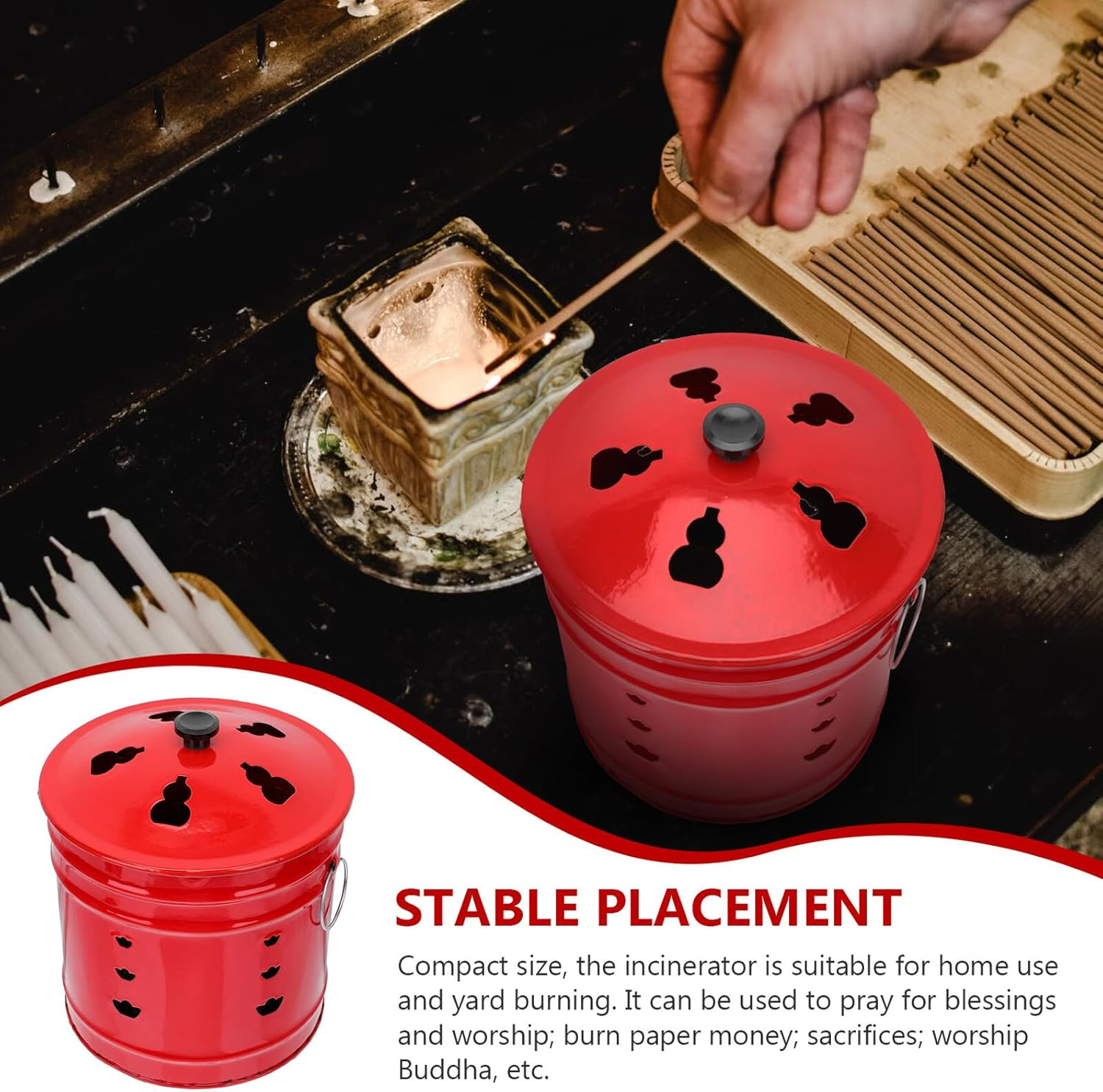 YARNOW Red Enamel Paper Money Incinerator Bucket 6# Sturdy Coating for Chinese Sacrifices, Home and Garden Burning Barrel, Professional Treasure Inviting Burn Pot Random Style image number 4