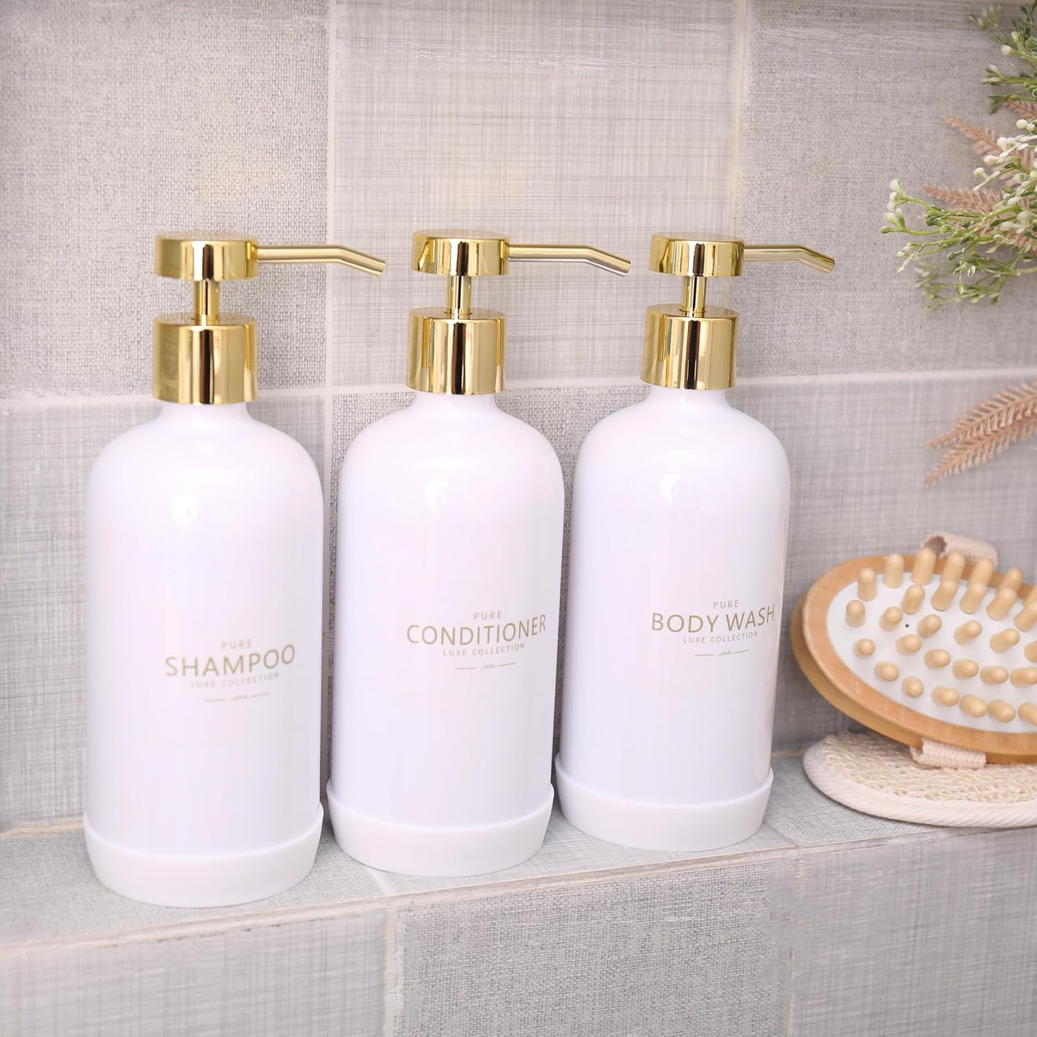 Janxin Shampoo and Conditioner Dispenser Set of 3,Refillable 21Oz Shampoo Bottles with Non-Slip Protective Silicone Pad,Shower Soap Dispenser with Waterproof Labels for Bathroom (White)