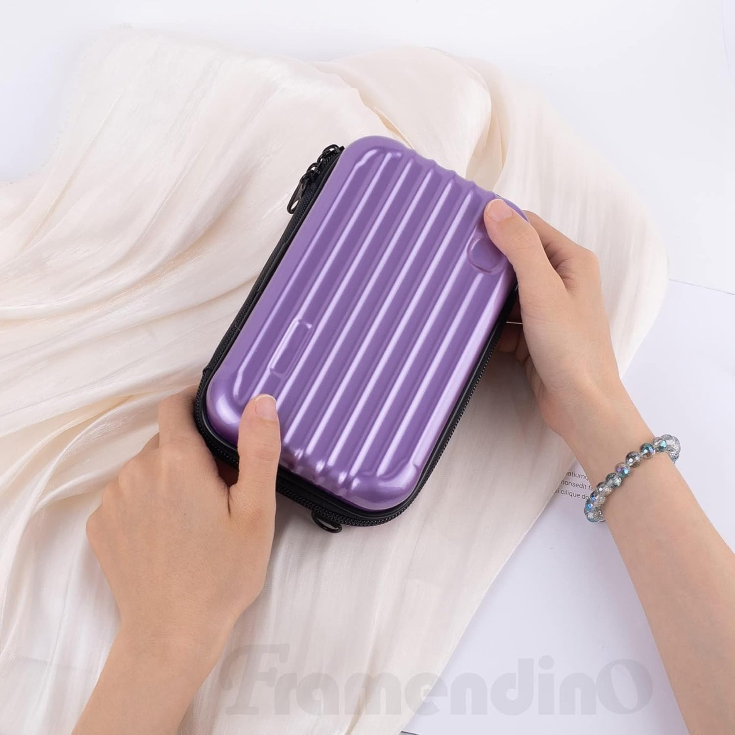 Framendino, Purple Hard Shell Cosmetics Case Carrying Bag for Toiletry Mini Cross Body with Detachable Grip Rope and Shoulder Strap Women