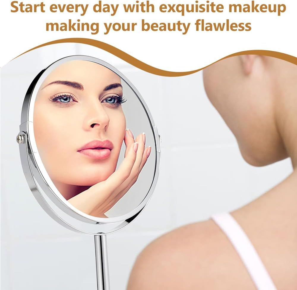 7 Inch Double-Sided Vanity Makeup Mirror with 1X/3X Magnification, 360&deg; Swivel round Tabletop Mirror with Natural Bamboo Stand and Storage Tray for Bathroom or Bedroom image number 2