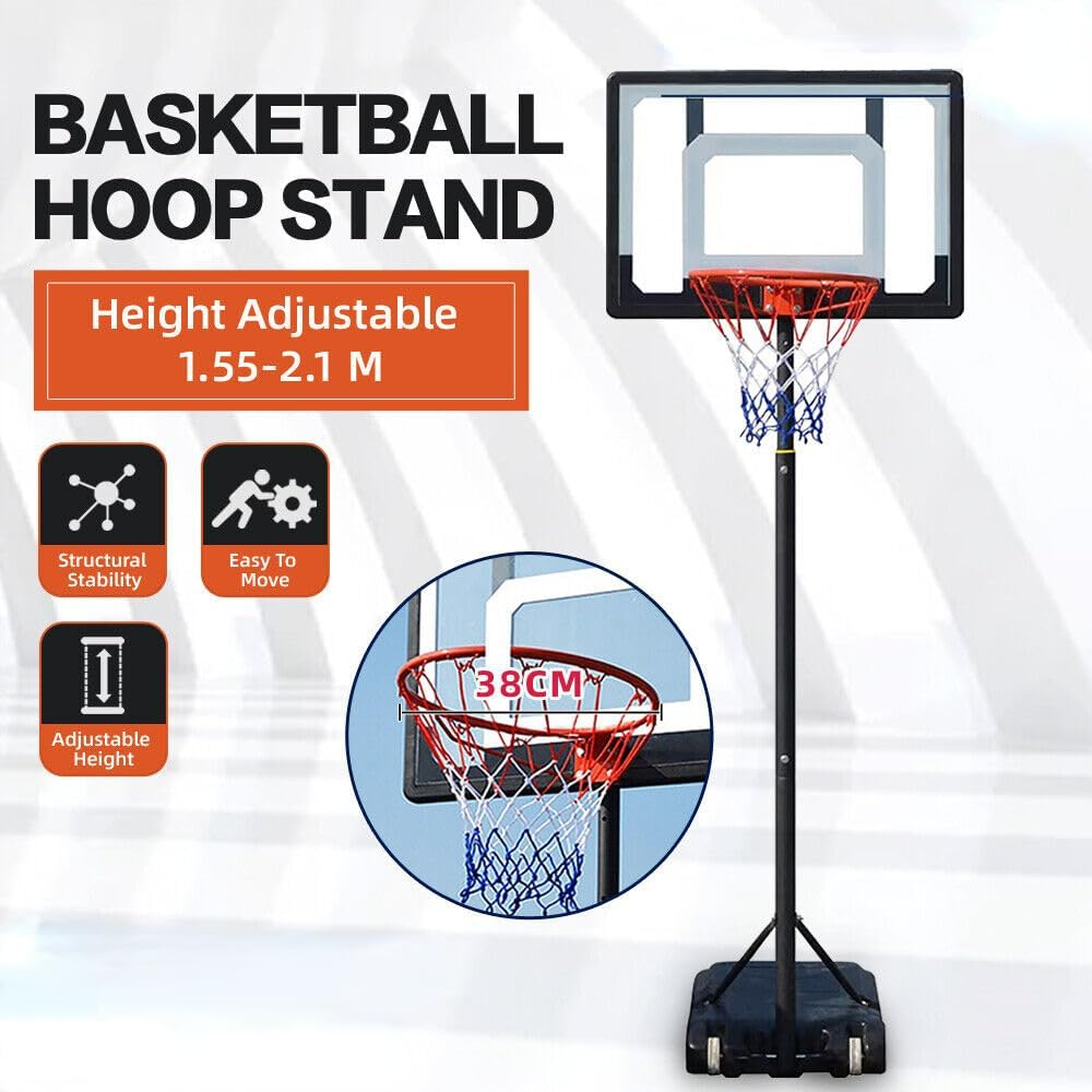 GROZY Portable Basketball Hoop Stand System 2.1M Height Adjustable Net Ring 38" Frame,Basketball Frame Net Set Professional Outdoor Basketball Stand with Wheels for Adults Adjustable High 1.55M-2.1M image number 3