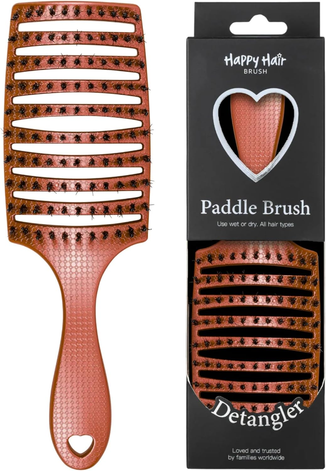 HAPPY HAIR Happy Detangler Paddle Brush with Boar Bristles & Nylon Pins | Designed by Women to Detangle & Smooth Thick, Fine or Curly Hair | Pain-Free Slick Back Brush, Ultra Lightweight (Teal) - Happy Detangler Paddle, Orange