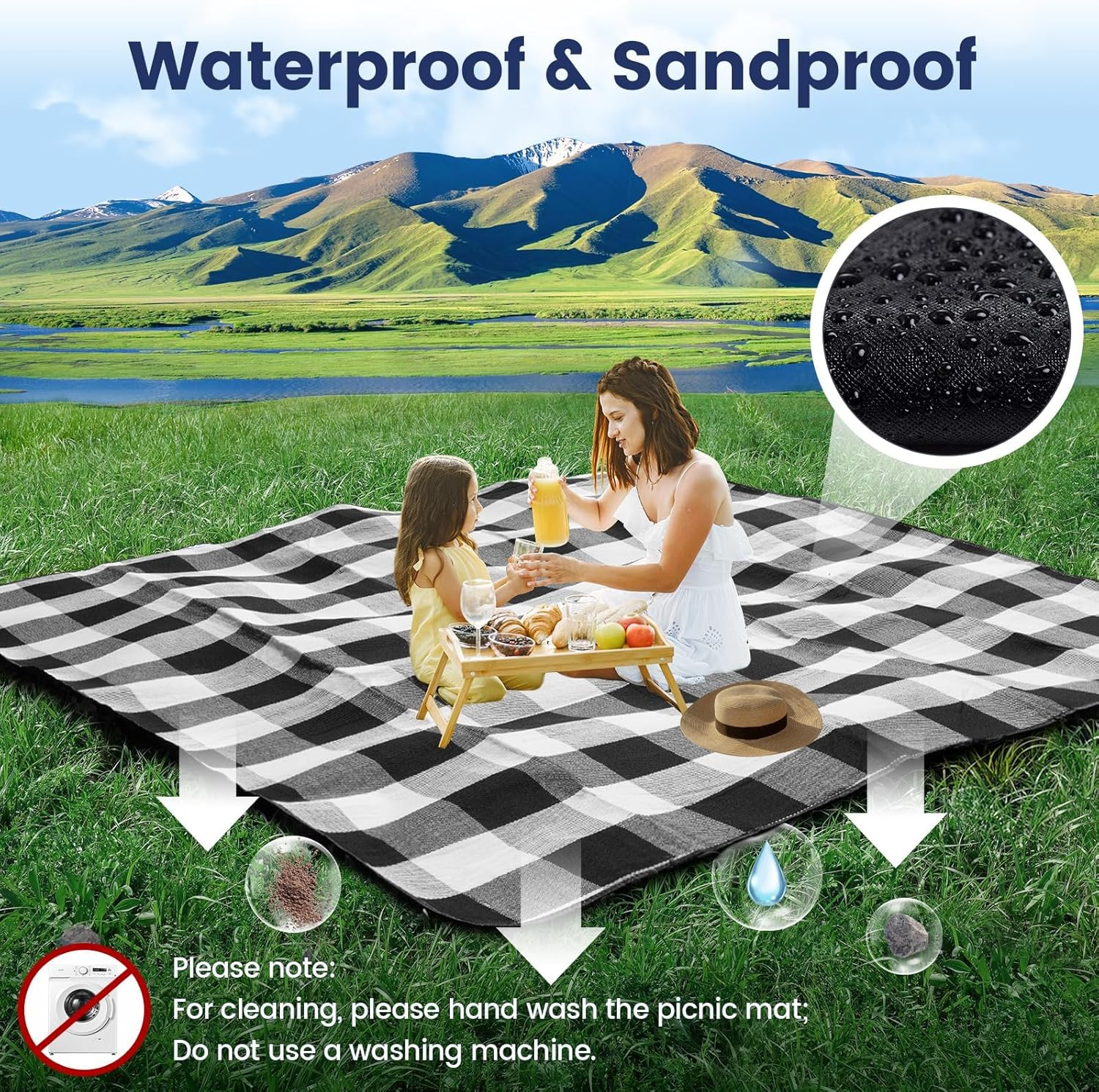 Waterproof Picnic Blanket Portable with Carry Strap, 200X200Cm Extra Large Foldable Compact Beach Blanket for Spring Summer Camping, Park, Travel Grass image number 2