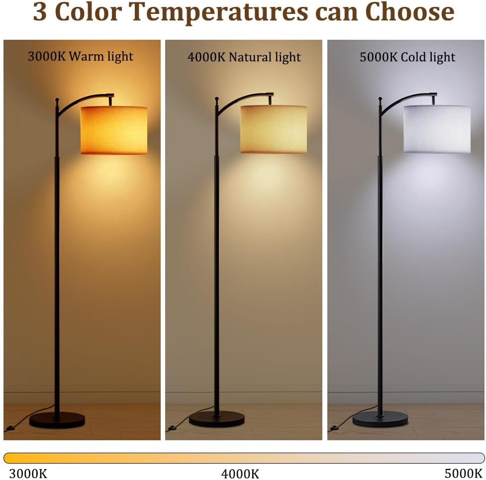 61&lsquo;&rsquo; Floor Lamp for Living Room, Necomi Curved Floor Lamp, 3 Colour Temperatures 3000K-5000K, Modern LED Floor Lamp with 9W LED Bulb and Linen Shade (Adjustable), Bedroom Office Dining Room image number 3