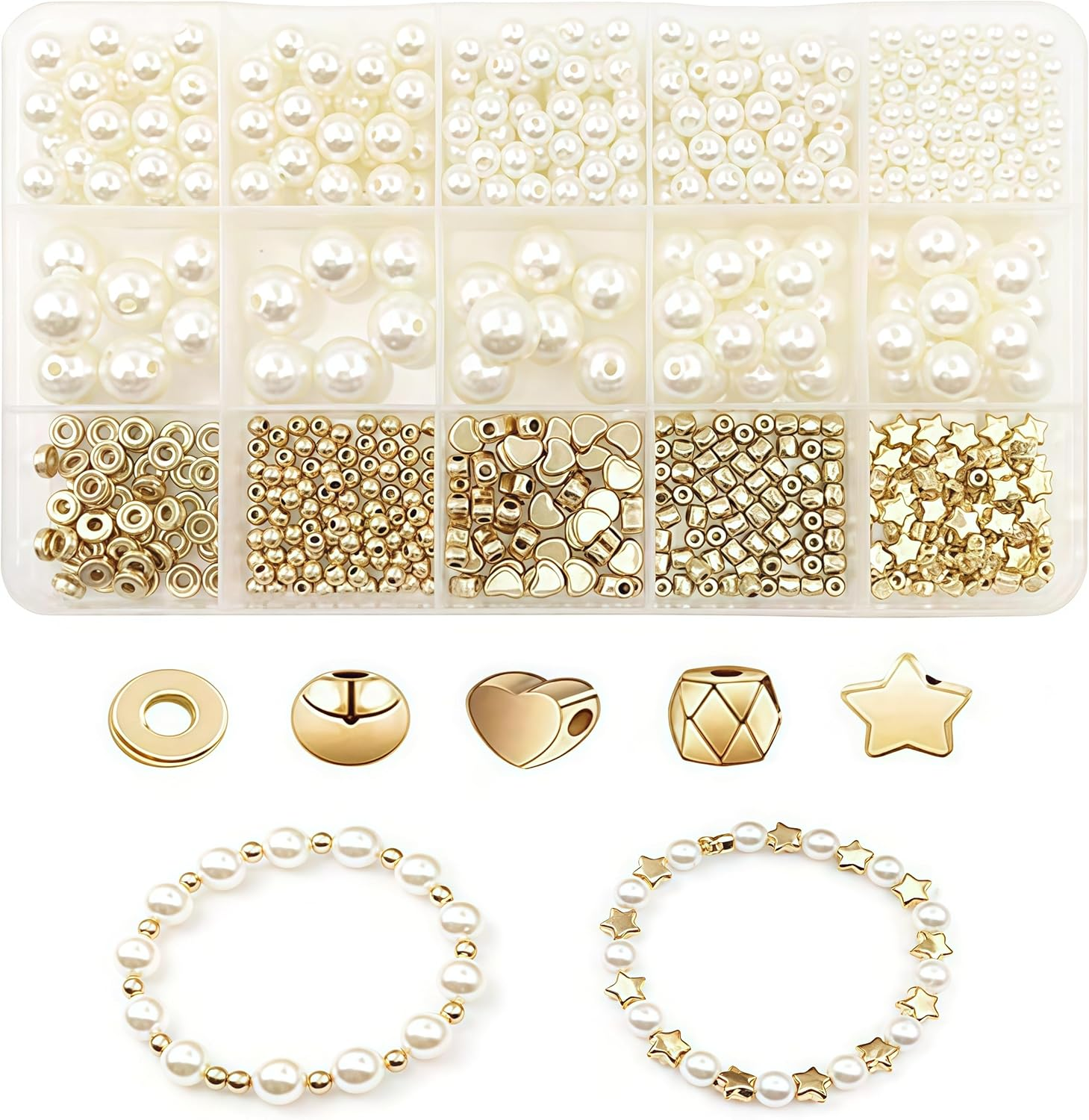 720 PCS Gold Plastic Bead Set: Round, Star, Heart, Spacer & Cylinder Oblate Shapes, 4Mm-12Mm Sizes, DIY Jewelry Making Kit with Bracelets & Pendants image number 1