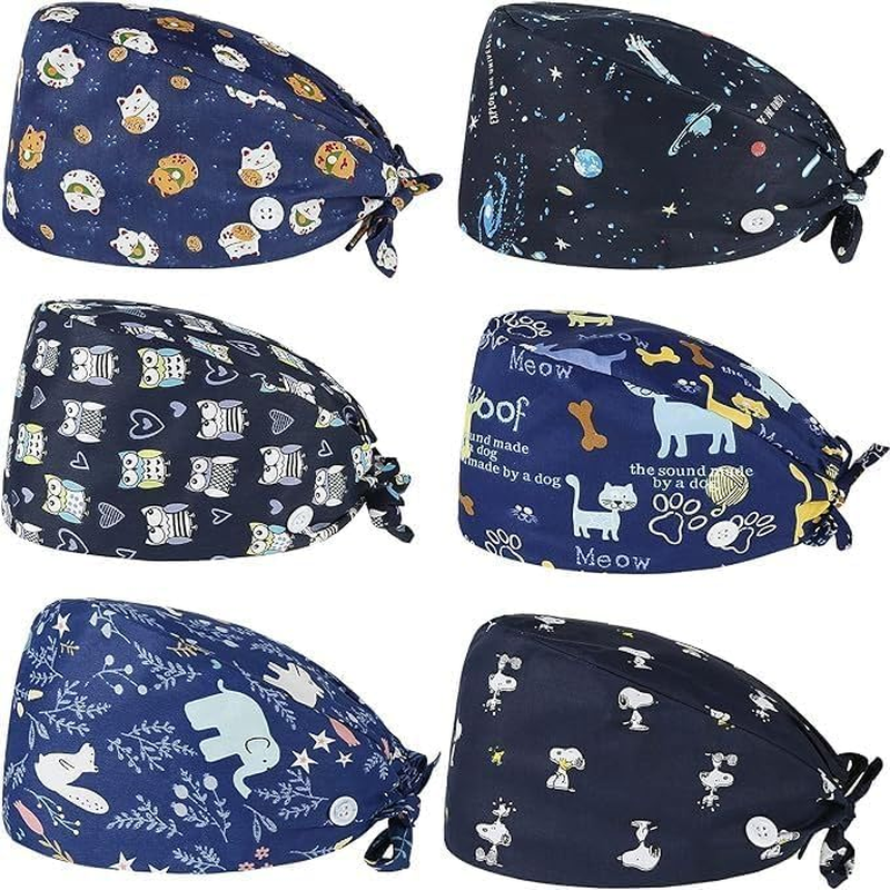 6Pcs Working Caps with Button and Sweatband, Adjustable Working Hats, Turban Cap, Printed Soft Cotton Hood for Women and Men