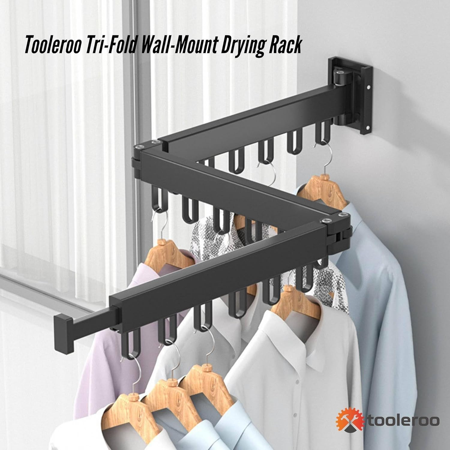 Tooleroo Clothes Drying Rack Tri-Fold Wall-Mount Space-Saving Laundry Hanger image number 5