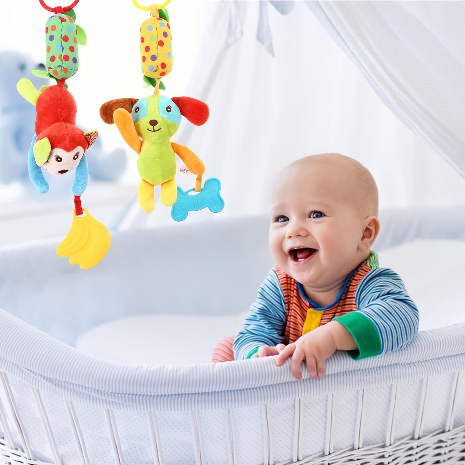 4Pcs Stroller Hanging Cartoon Bell with Sensory Rattles for Cribs and Prams Comfortable Material for Development and Hand-Eye Coordination