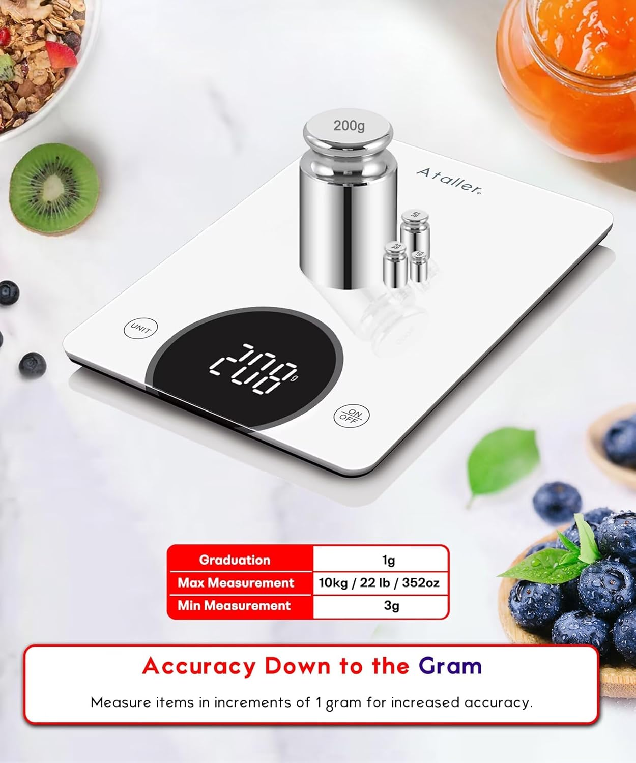 Ataller Digital Food Scale, Tempered Glass Panel, 10Kg/22Lb Capacity, Kitchen Weighing Scales with LED Display and 1G Increments for Baking, Cooking, Keto and Meal Prep, White image number 1