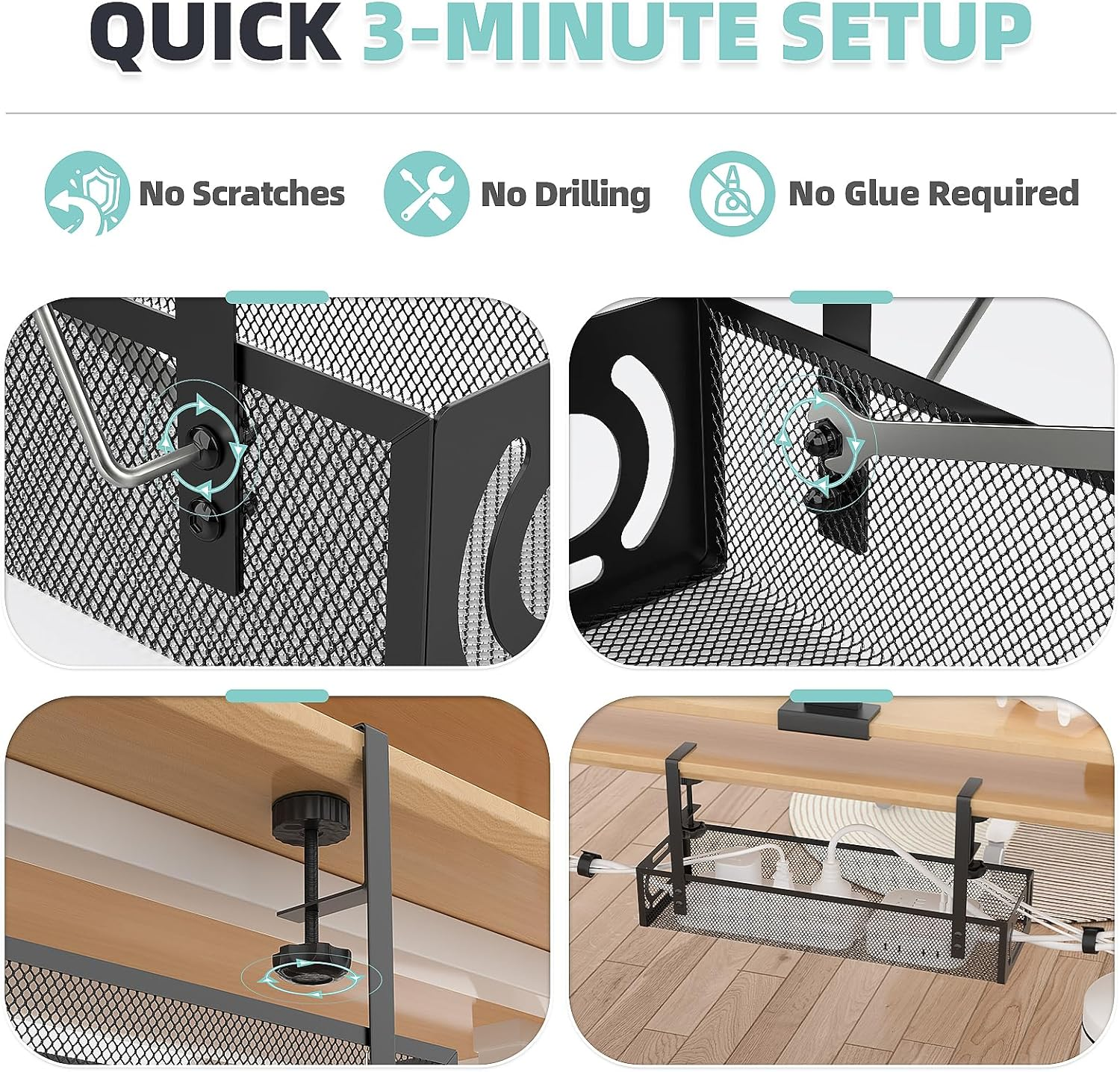 Under Desk Cable Management Tray,No Drill Mesh Desk Cables Trays with Clamp,Wire Managements Tray Cabl-E Management Box,Desk Cable Tray Wire Organizer for Office, Home image number 3