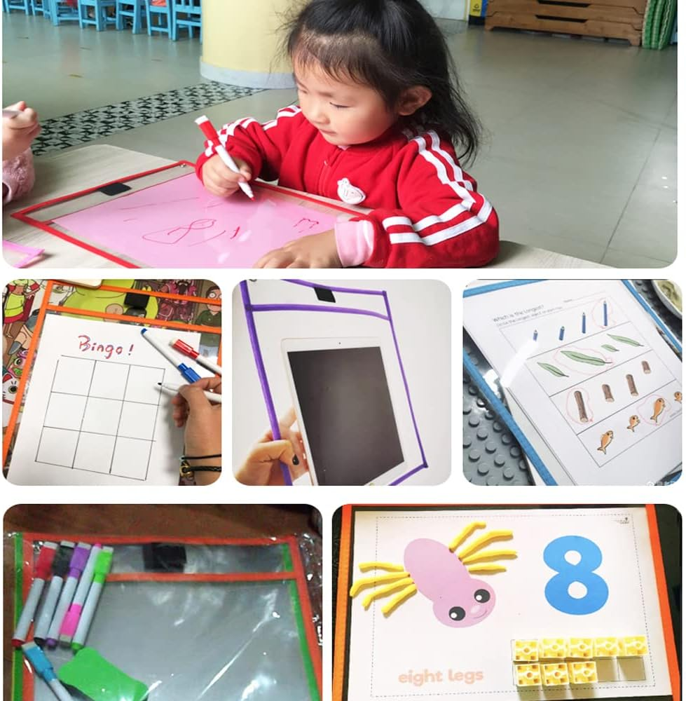 Dry Erase Pockets, 10 Pack Reusable Plastic Sleeves for Paper, Clear, Dry Erase Pocket Sleeves, Clear Document Sleeves,Clear Shop Ticket Holders image number 6