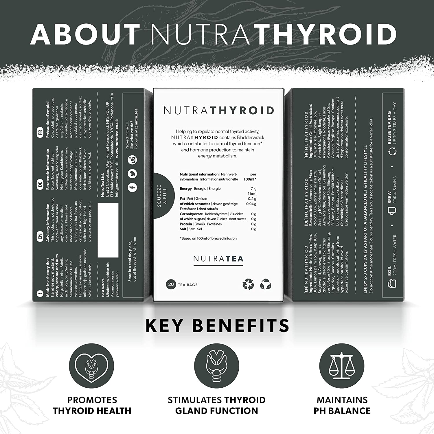 NUTRATHYROID - Thyroid Health Tea | Metabolism Tea - Providing Thyroid Support - Includes Kelp, Bladderwrack & Ashwagandha - 20 Enveloped Tea Bags - by Nutra Tea - Herbal Tea image number 1