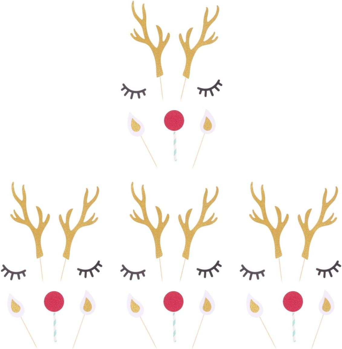 LUOZZY 20 Sets Christmas Deer Cake Toppers Glitter Elk Cake Decoration Antler Deer Eyes Nose Cupcake Picks Xmas Party Supplies - Random Color image number 4