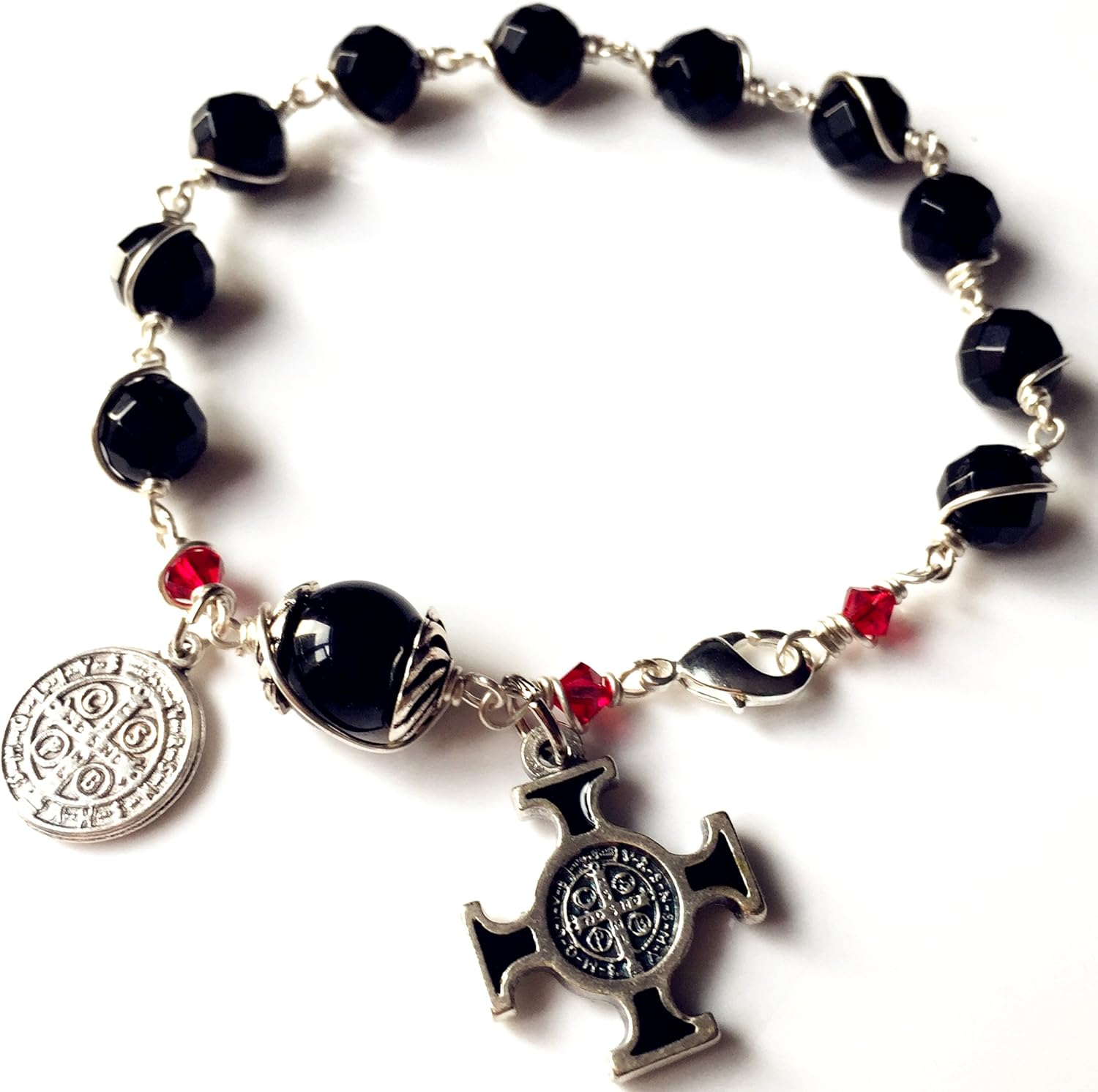 Elegantmedical HANDMADE SILVETR Wire Wrap Black Agate Prayer Beads Bracelet Rosary Cross Catholic image number 1