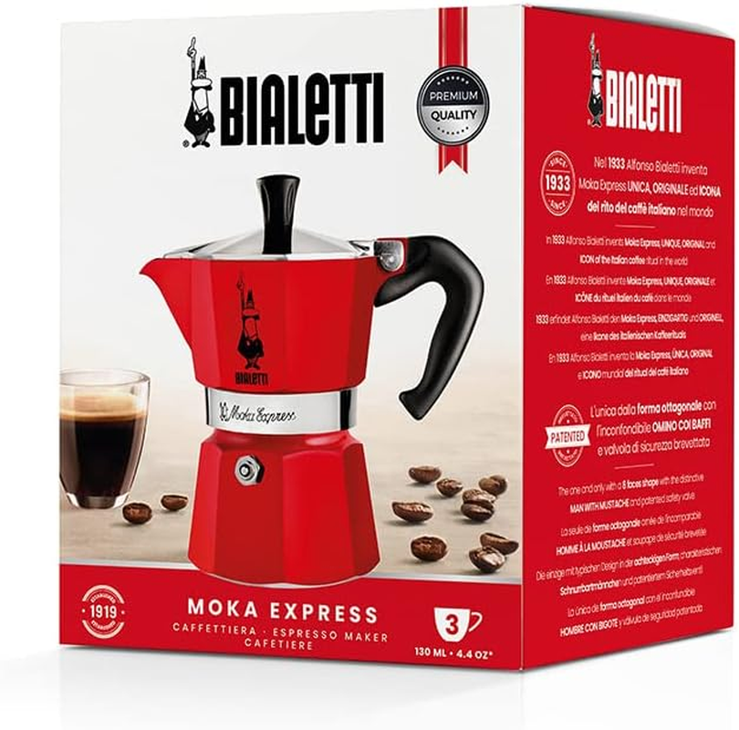 Bialetti - Moka Express: Red Iconic Stovetop Espresso Maker, Makes Real Italian Coffee, Moka Pot 3 Cups (4.3 Oz - 130 Ml), Aluminium, Red image number 4