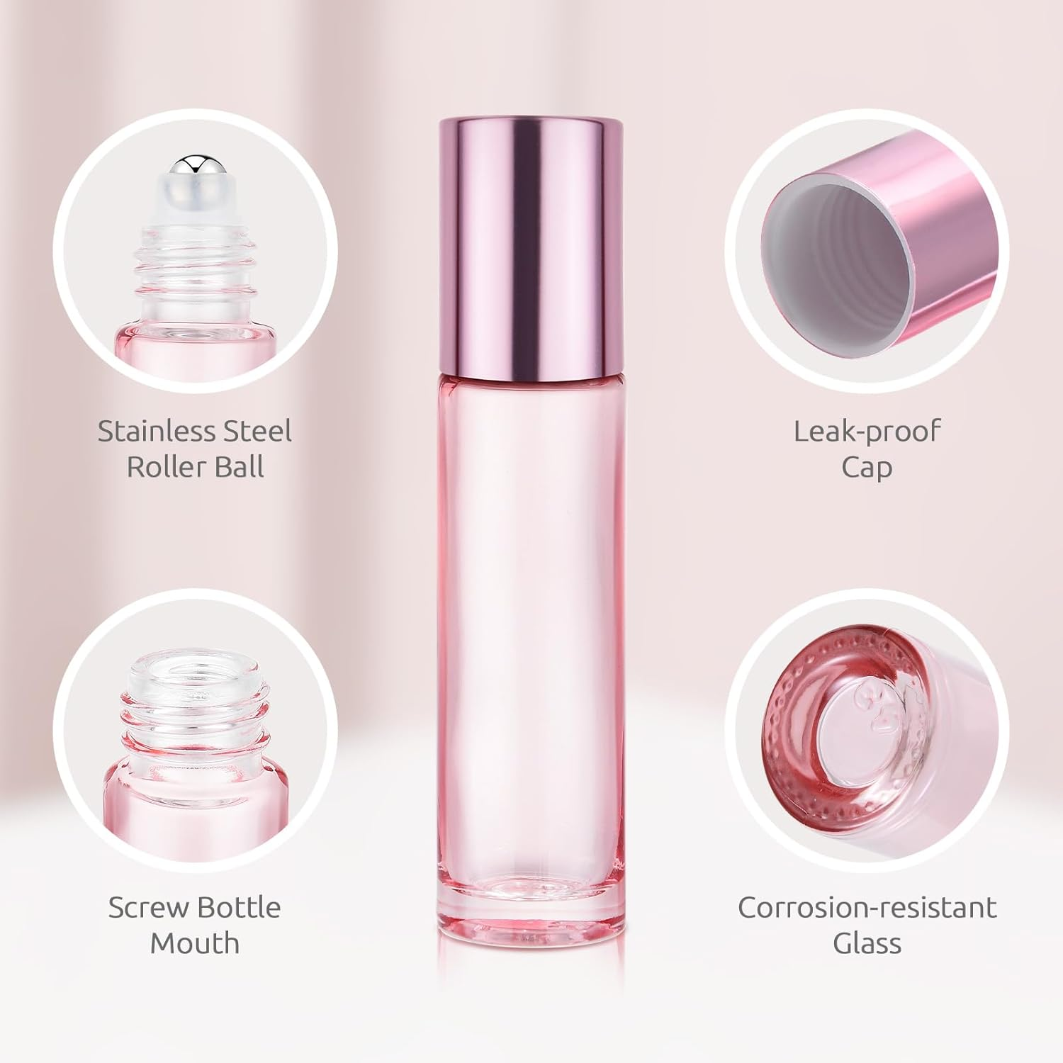 4 Pack Pink Glass Essential Oil Roller Bottles, 10Ml Empty Refillable Rollerballs with Pink Caps - Travel Roll-On Containers for Perfume & Essential Oils image number 3