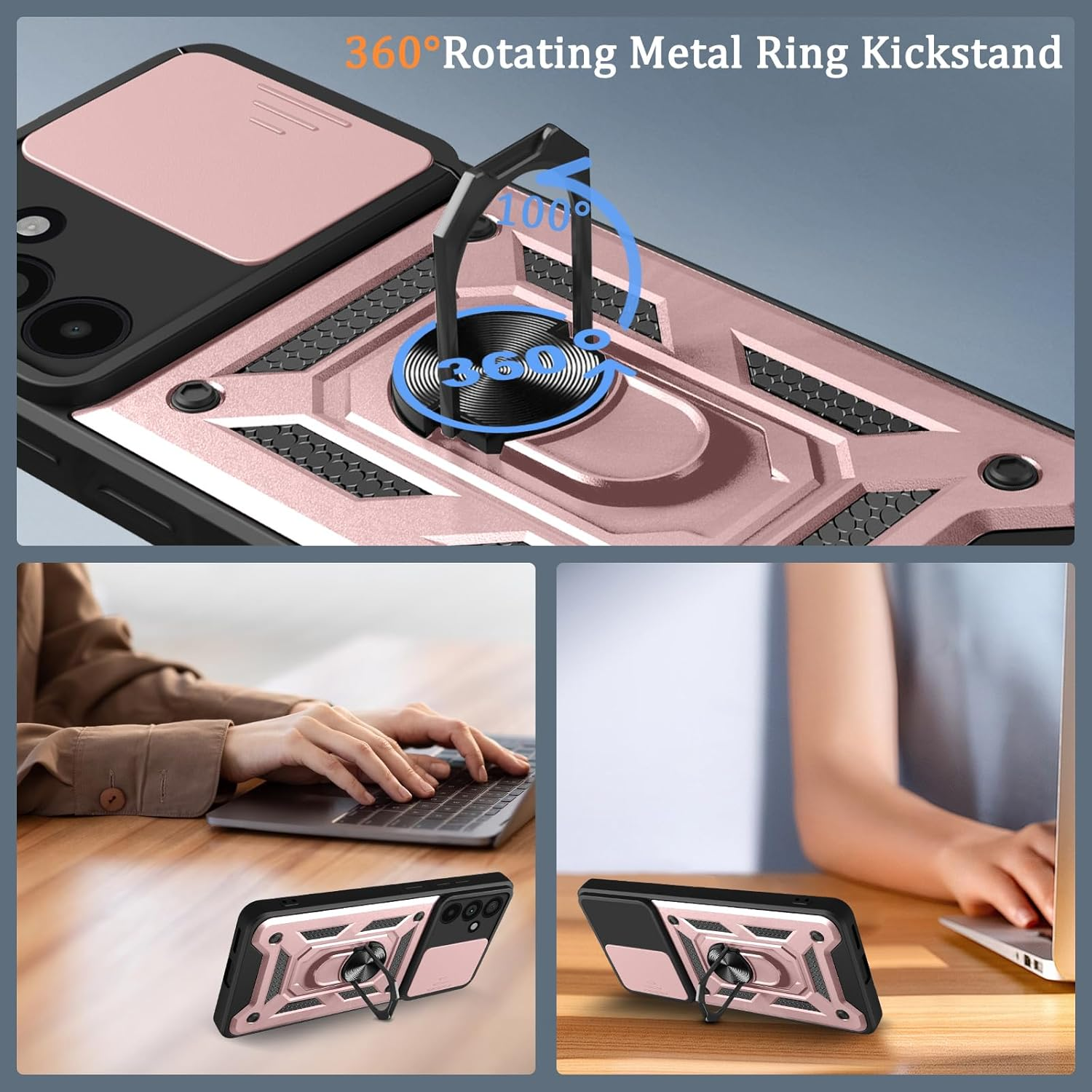 Case for Samsung S26, Camera Protection with Slide Camera, Armour Protective Case with 360 Degree Ring, Metal Holder Magnetic Stand, Silicone Shockproof Mobile Phone Case, Rose Gold