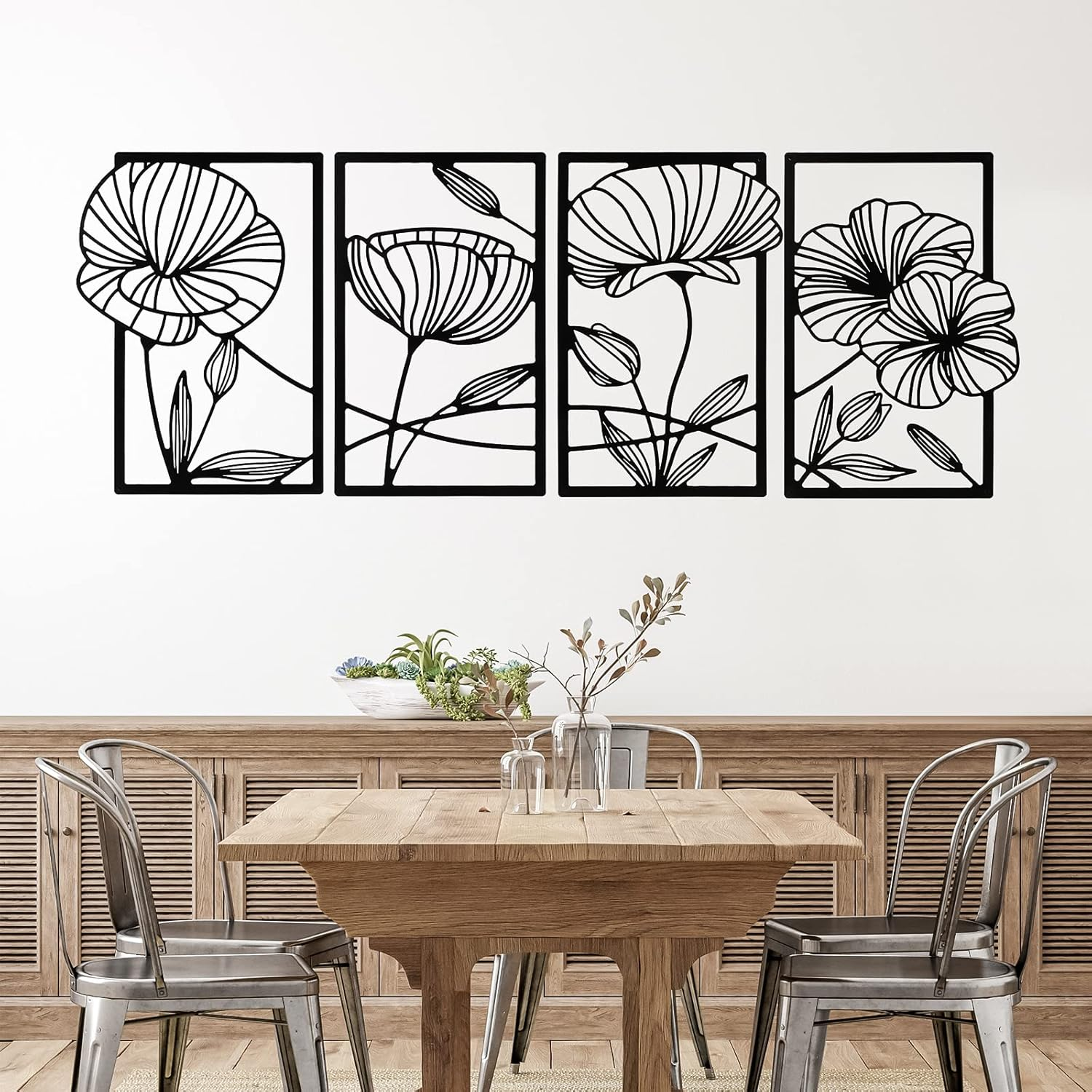 Cunno 4PCS Metal Line Art Wall Decor Living Room Metal Flower Minimalist Sculpture Modern Aesthetic Poppy Floral Minimalist Wall Hanging Bedroom Home Kitchen Bathroom 16.5X11.9'' (Black) DAY-234 image number 4