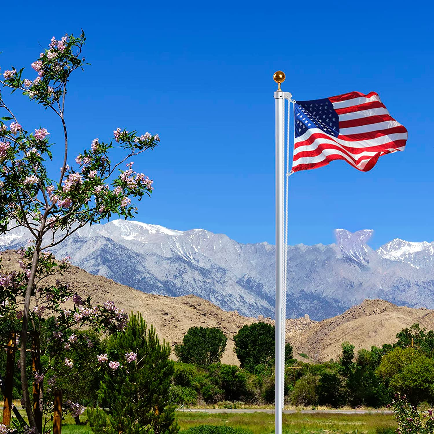 NQ 50 Feet X 1/4" Flag Pole Halyard Rope with 4 Pieces Nylon Flag Pole Hook Clips,Outdoor Flagpole Accessories-Double Braided, Compatible with Flagpoles up to 25 Feet image number 1