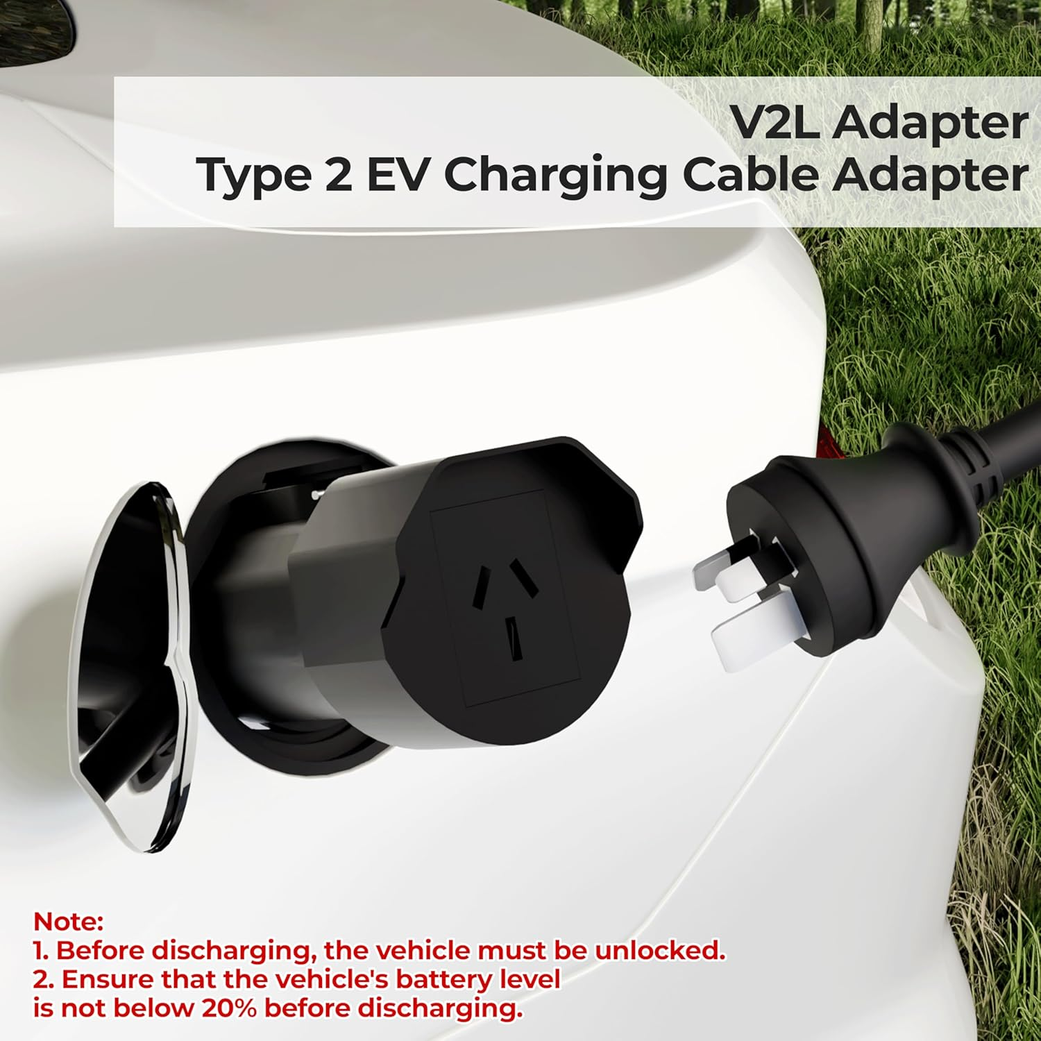 Type 2 to AU 3Pin EV Discharger Adapter for IONIQ 5/IONIQ 6/Kia Ev6/Ev9/Sorento Phev/Mazda Ez-6/Zeekr 7X/X/009, Electric Vehicle Side Discharger with AU 3Pin Socket, Vehicle to Load Adapter