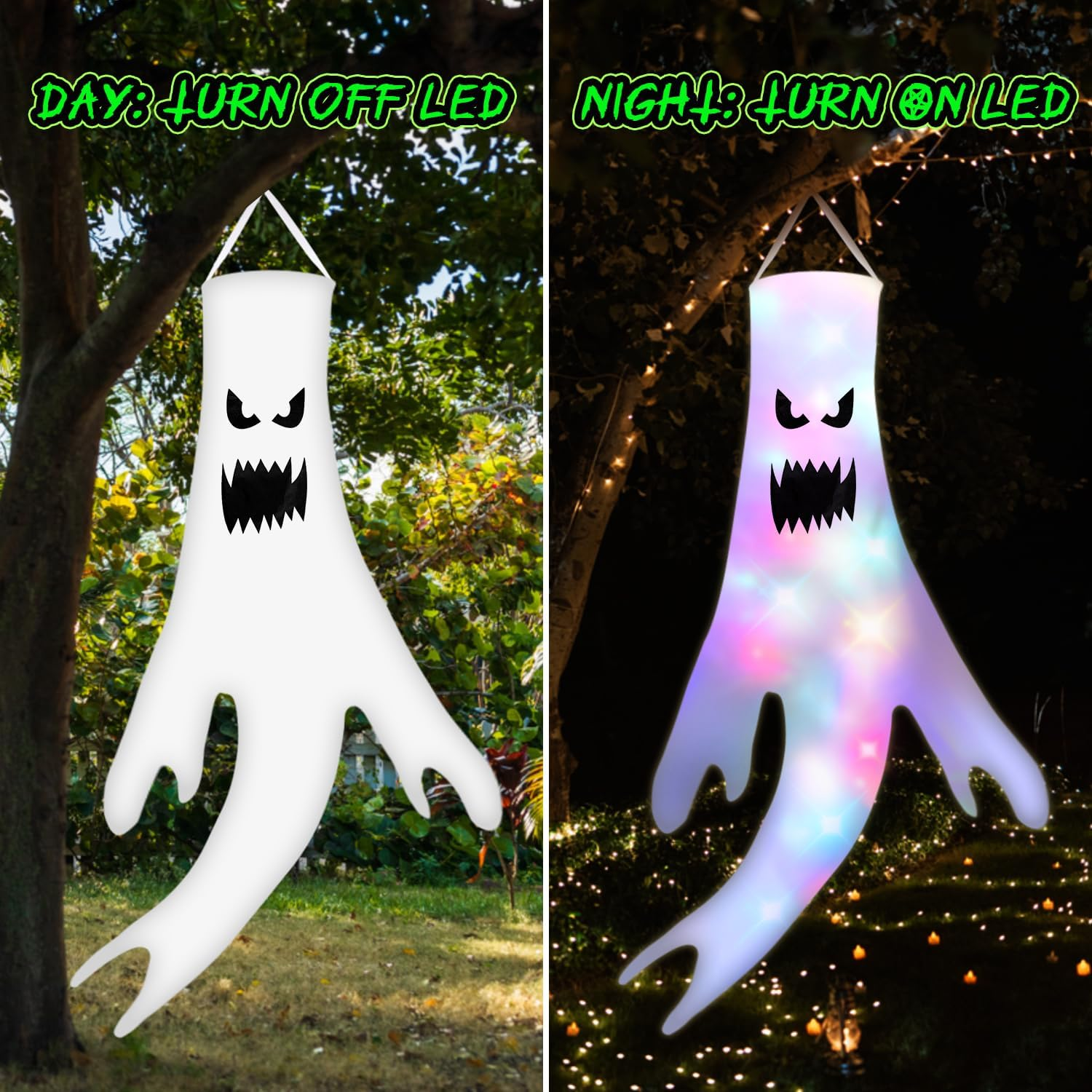 AUTOWT 2 PCS Halloween Ghost Windsocks with LED Lights, 51 Inch Light up Scary Hanging Ghost Windsocks Decor, Halloween Decorations for Home Indoor Outdoor Yard Party Supplies image number 4