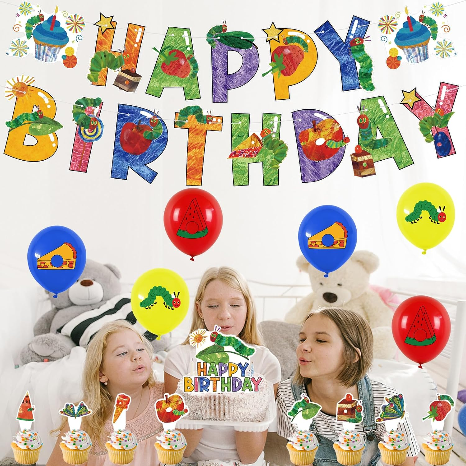 The Very Hungry Caterpillar Birthday Balloons, Banner, Cake Toppers - Bright, Cartoon, Includes Balloon Bow