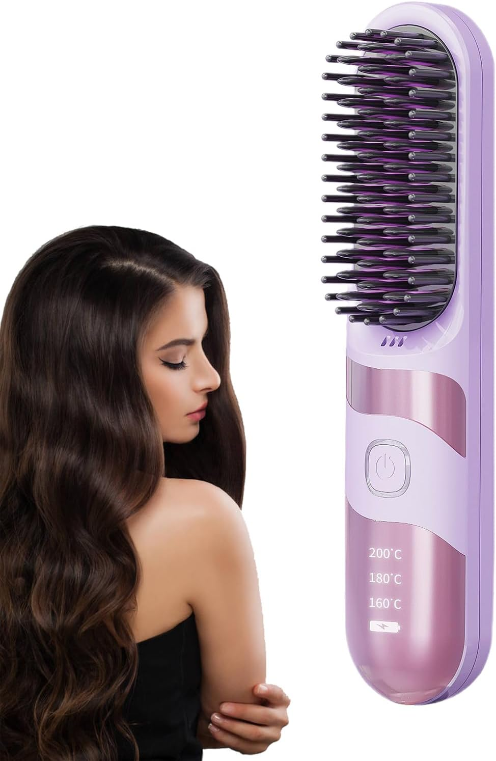 Uoqpty Small Hair Straightener - Electric Curler Brush,2-In-1 Portable Cordless Hair Straightener Brush with 3 Adjustable Temperature