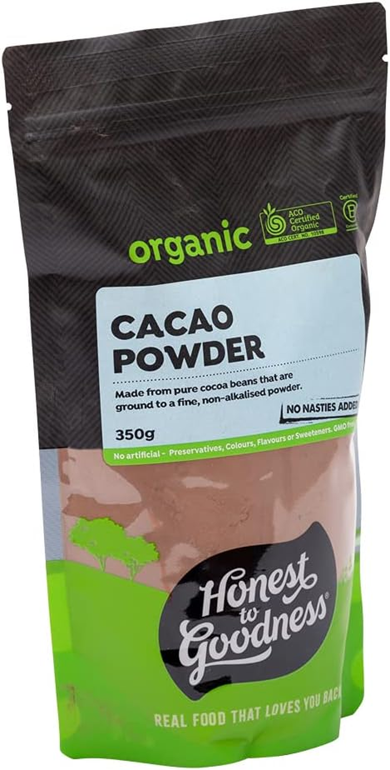 Honest to Goodness, Organic Cacao Powder, 350G - Made from Pure Cocoa Beans Grounded to a Fine, Non-Alkalised Powder. Naturally Tart Cocoa Flavour. Slightly Light in Colour. image number 2