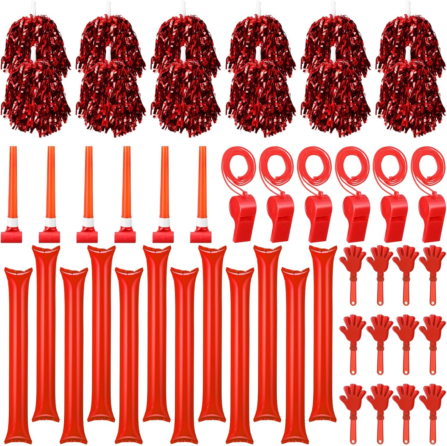 48 Pcs Cheerleading Pom Poms Thunder Sticks Hand Clappers Plastic Whistles with Lanyards Squawker Horns image number 6