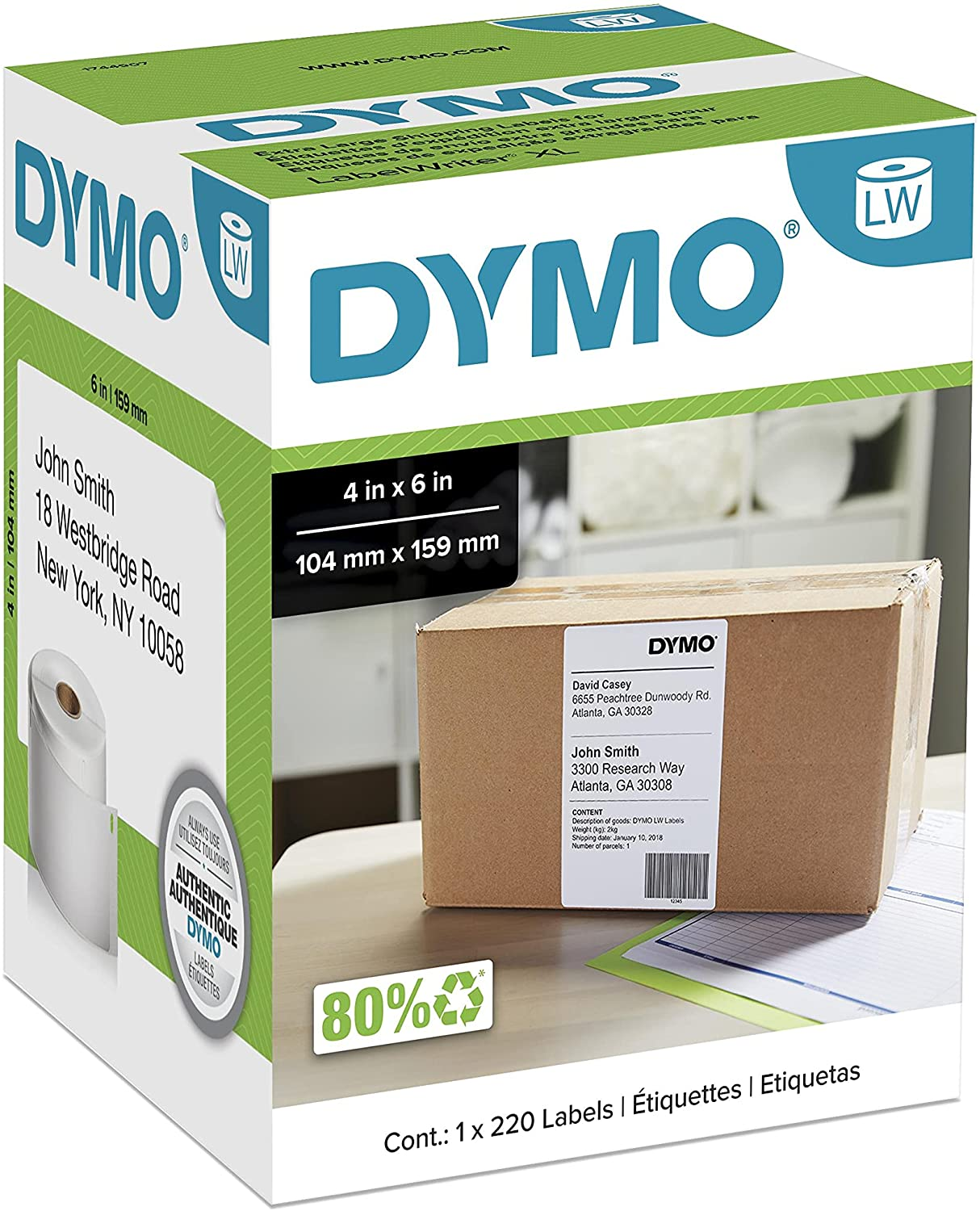 DYMO Authentic LW Extra-Large Shipping Labels for Labelwriter Label Printers, White, 4'' X 6'', 1 Roll of 220 image number 2