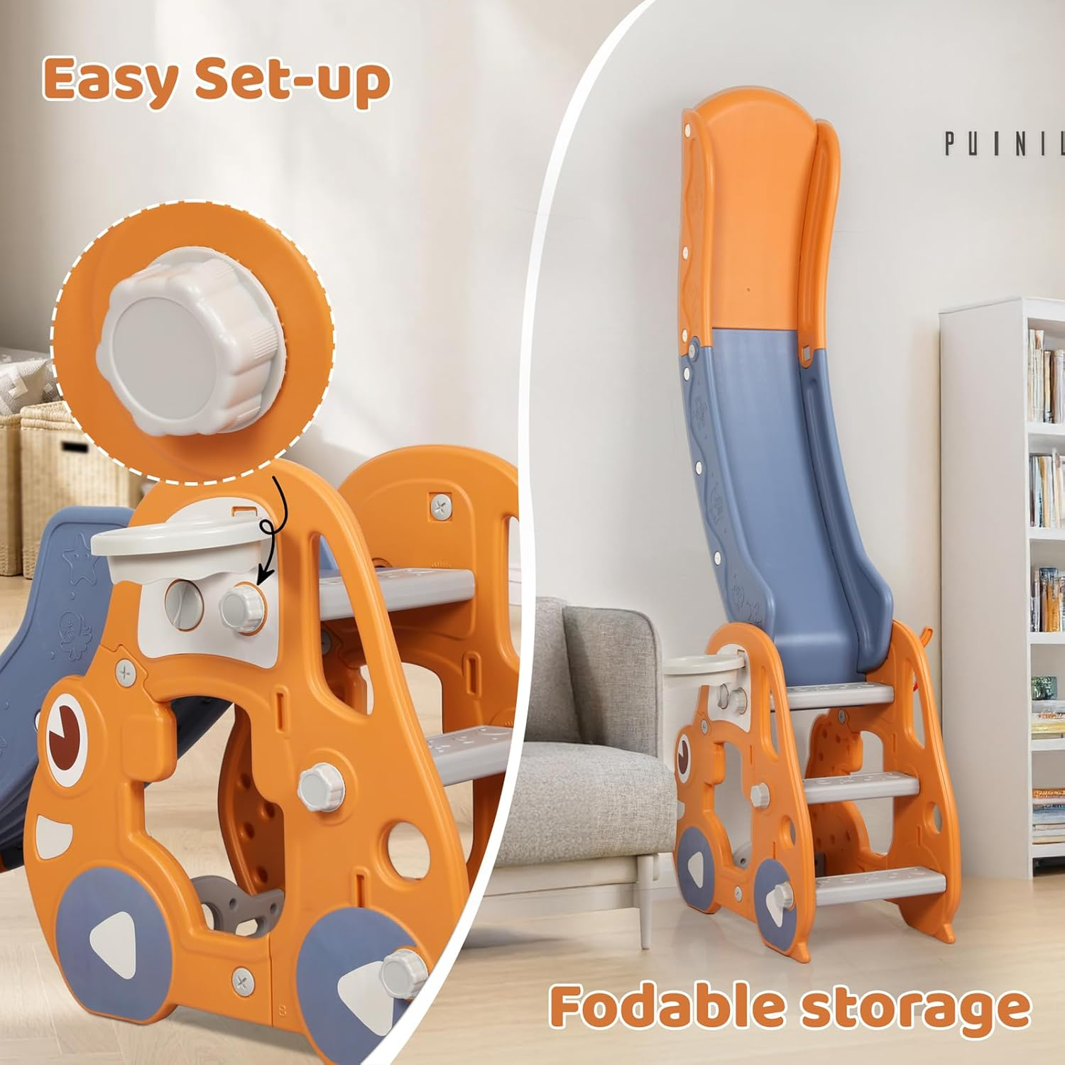 Bopeep 3 in 1 Kid Slide Set, with Climber Steps Basketball Hoop Indoor Outdoor Playground Activity Center Toy Stairs Foldable Playset Equipment,Toddlers for Age 2+ (Orange) image number 1