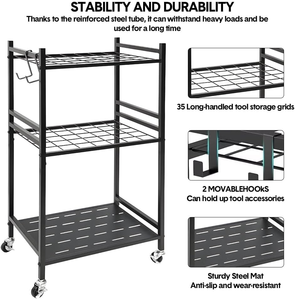 ALSTON Garden Tool Organizer Heavy-Duty Rolling Tool Tower Rack with Wheels and 4 Hooks Metal Shelf Storing Shovels Rakes Brooms Tools for Yard Garage Workshop image number 3