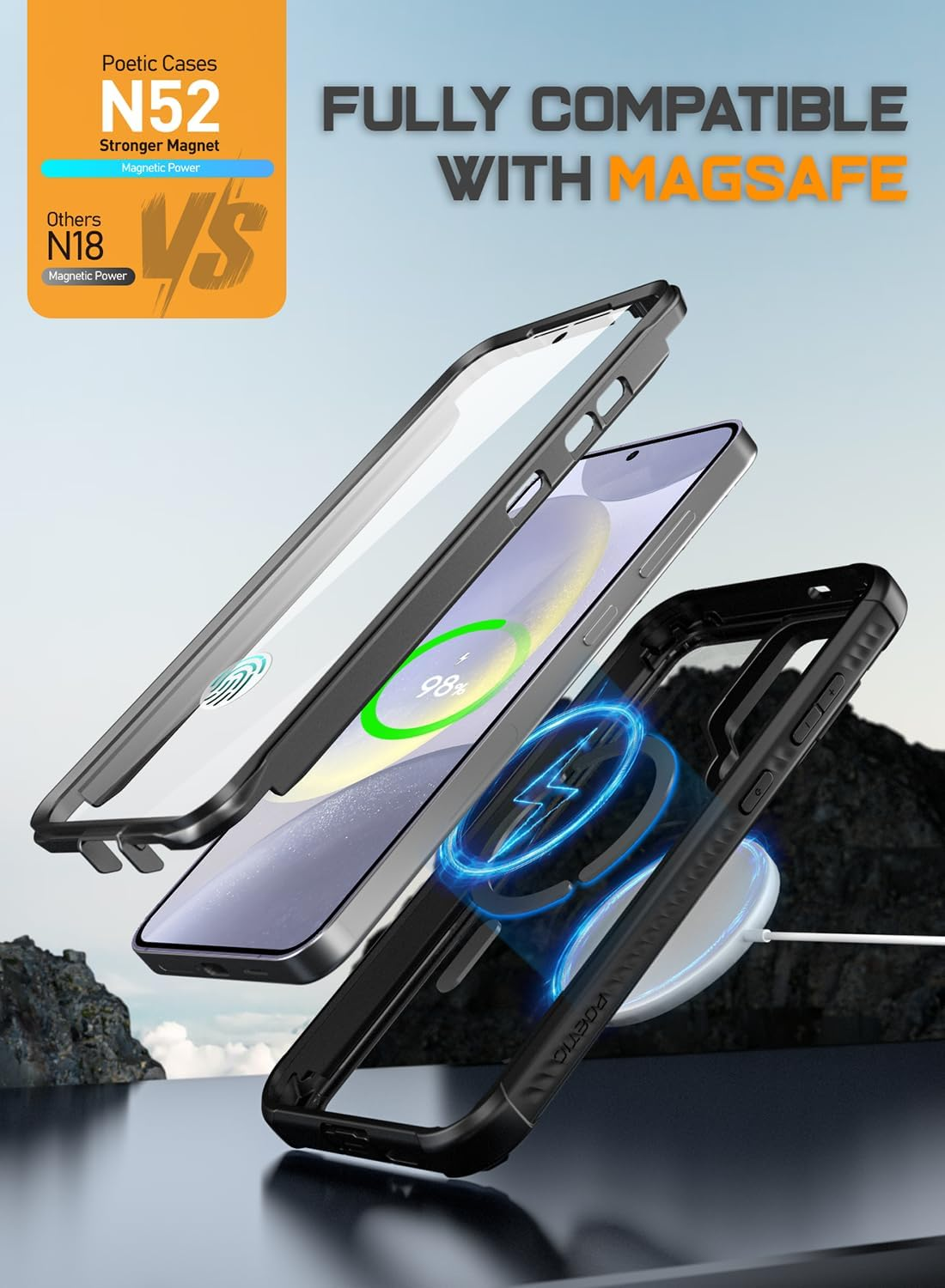 Poetic Guardian Case for Samsung Galaxy S24+ plus 6.7", [Built-In Camera Stand] [Screen Protector Work with Fingerprint ID] Full Body Shockproof Protective Rugged Clear Cover, Black/Clear - Black image number 4