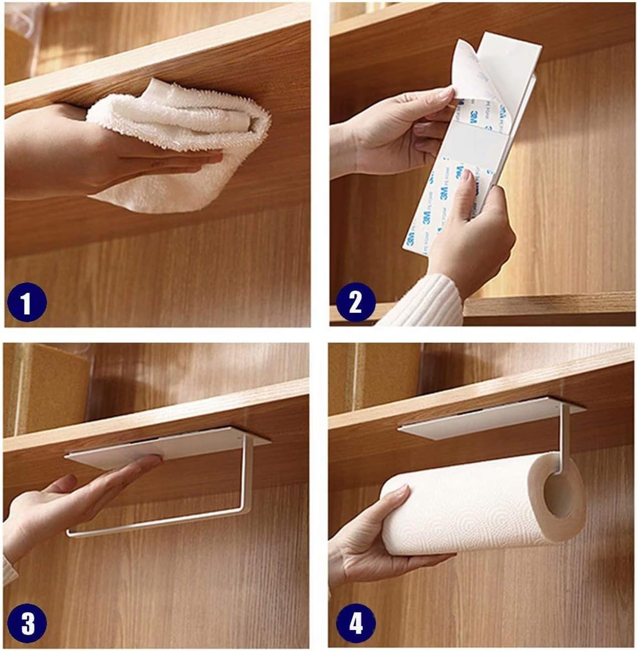 2 Pack Paper Towel Holder Self-Adhesive Wall Mounted Paper Towel Rack for Kitchen Heavy Duty Carbon Steel Paper Towels Rolls Holder under Counter for Bathroom Cabinets Towel Bar Rack (Black+White) image number 4