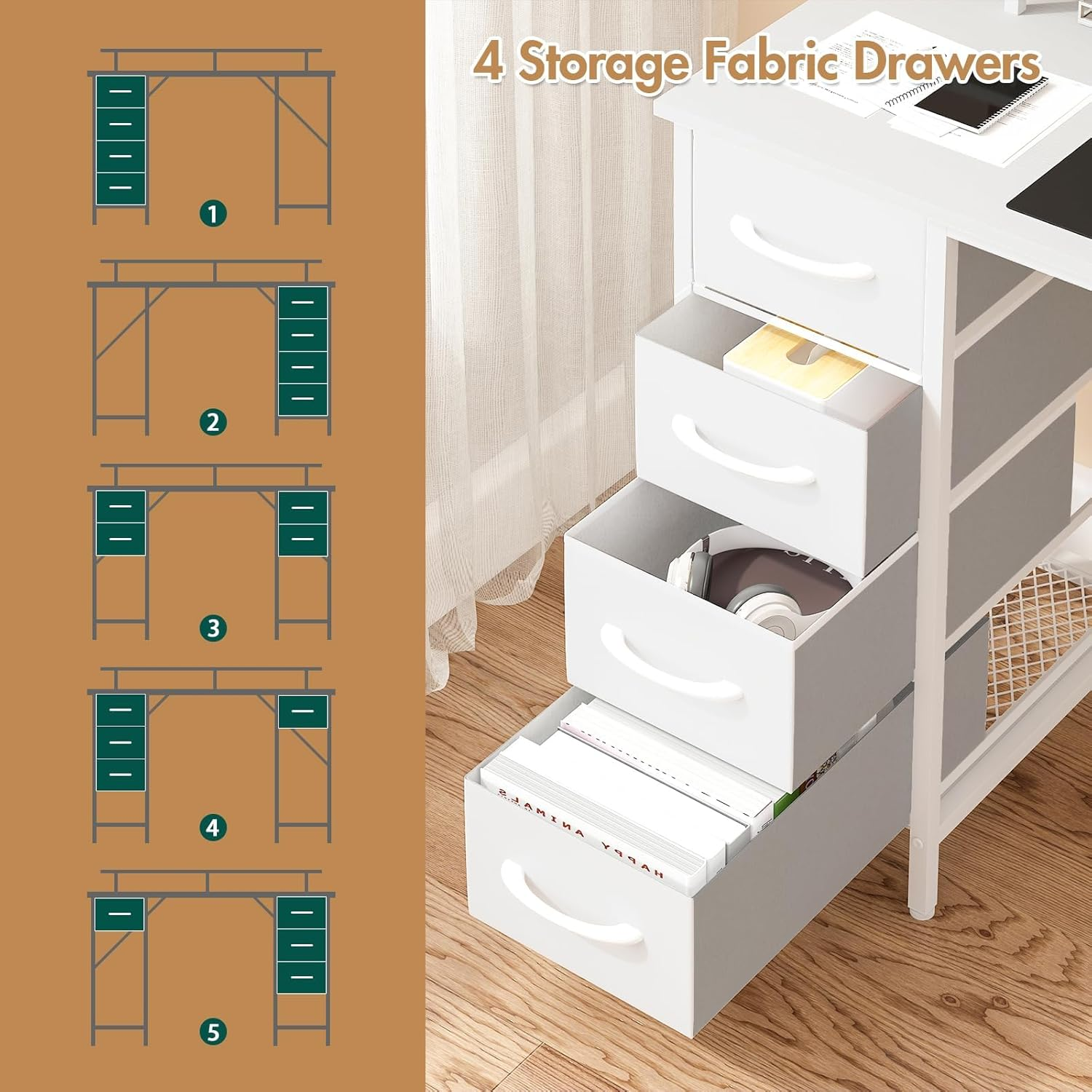 Advwin White Computer Desk with 4 Drawers, 120Cm Gaming Desk with LED Lights & Power Outlets, Study Table with Monitor Stand and Shelf, Home Office Table for Bedroom Workstation image number 1