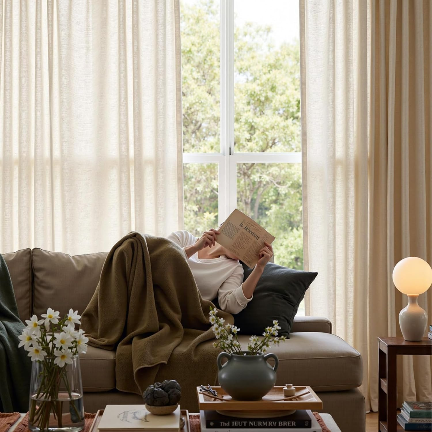 JINCHAN Linen Beige Curtains for Living Room Farmhouse Rod Pocket Back Tab Light Filtering Window Drapes for Bedroom Curtains Crude 2 Panels,Each W127Cm X D244Cm image number 6