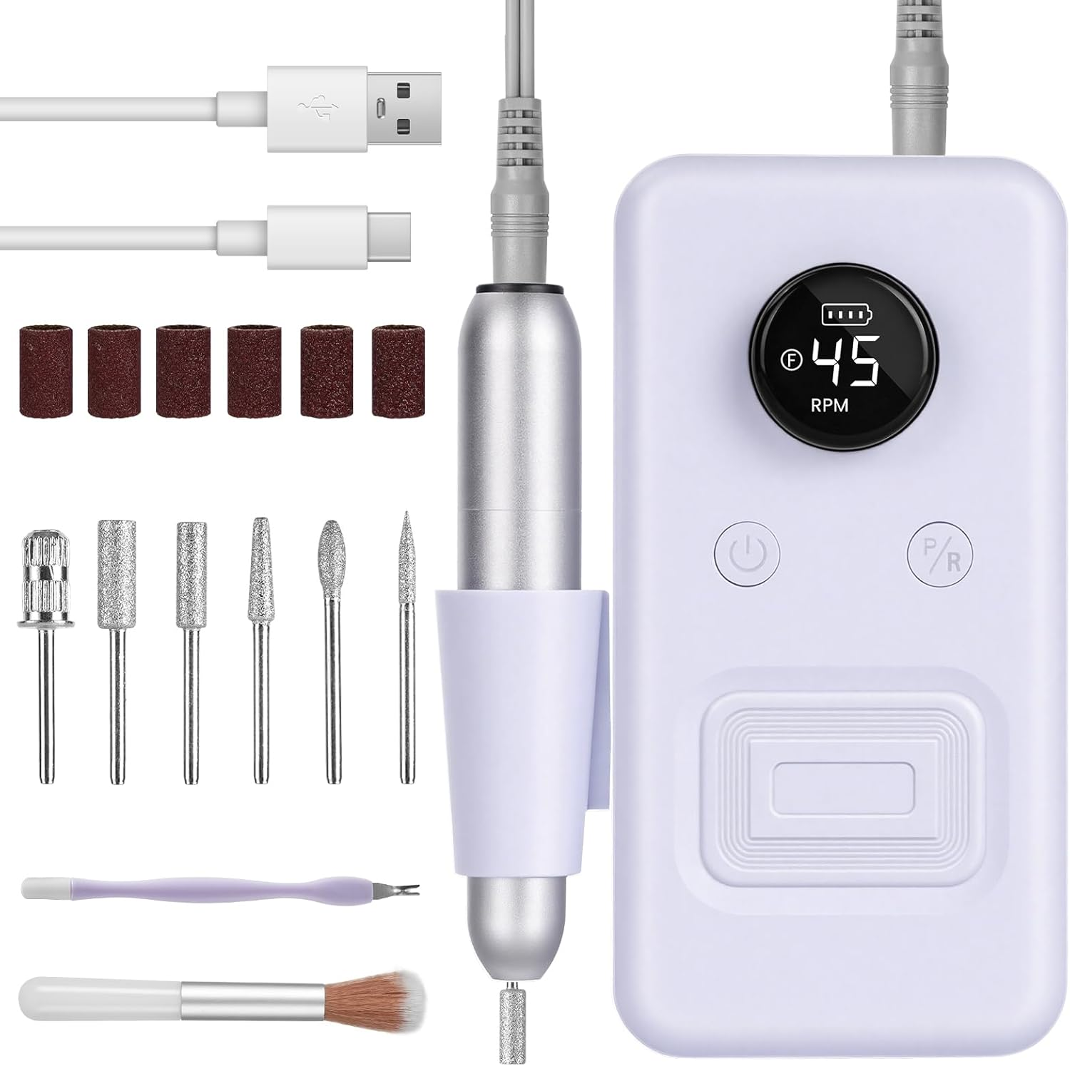 BUTBU Cordless Electric Nail Files, 13 in 1 Professional Rechargeable Electric Nail Drill Machine, 30000 RPM Portable E File Kit, Manicure Pedicure Set with 6 Drill Bits, for Home Salon (White)