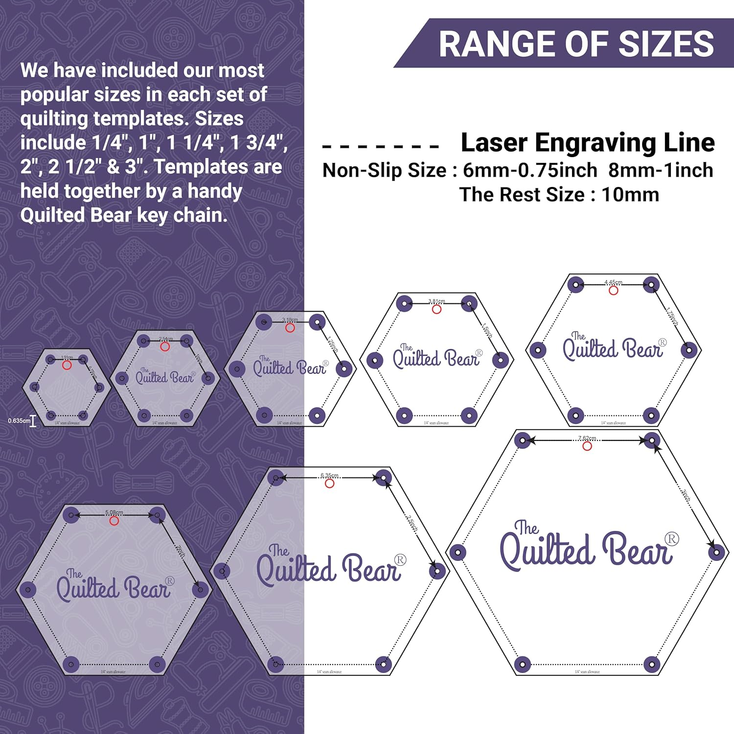 The Quilted Bear Diamond Quilting Templates - Set of 8 Non-Slip Clear Acrylic Templates for Quilting, Patchwork, Dressmaking and Sewing (3/4 Inch - 3 Inches) image number 4