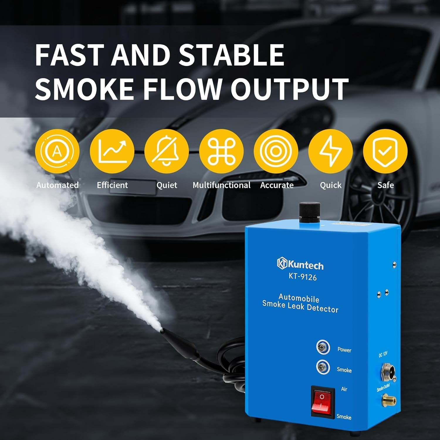 Kuntech Smoke Machine Automotive Built-In Air Pump, 12V DC Smoke Leak Detector for Pipe System, Fuel Leakage, Leakage Diagnostic Tester for Ute, Cars, Trucks, Motorcycle, ATV, Boats, Snowmobiles image number 5