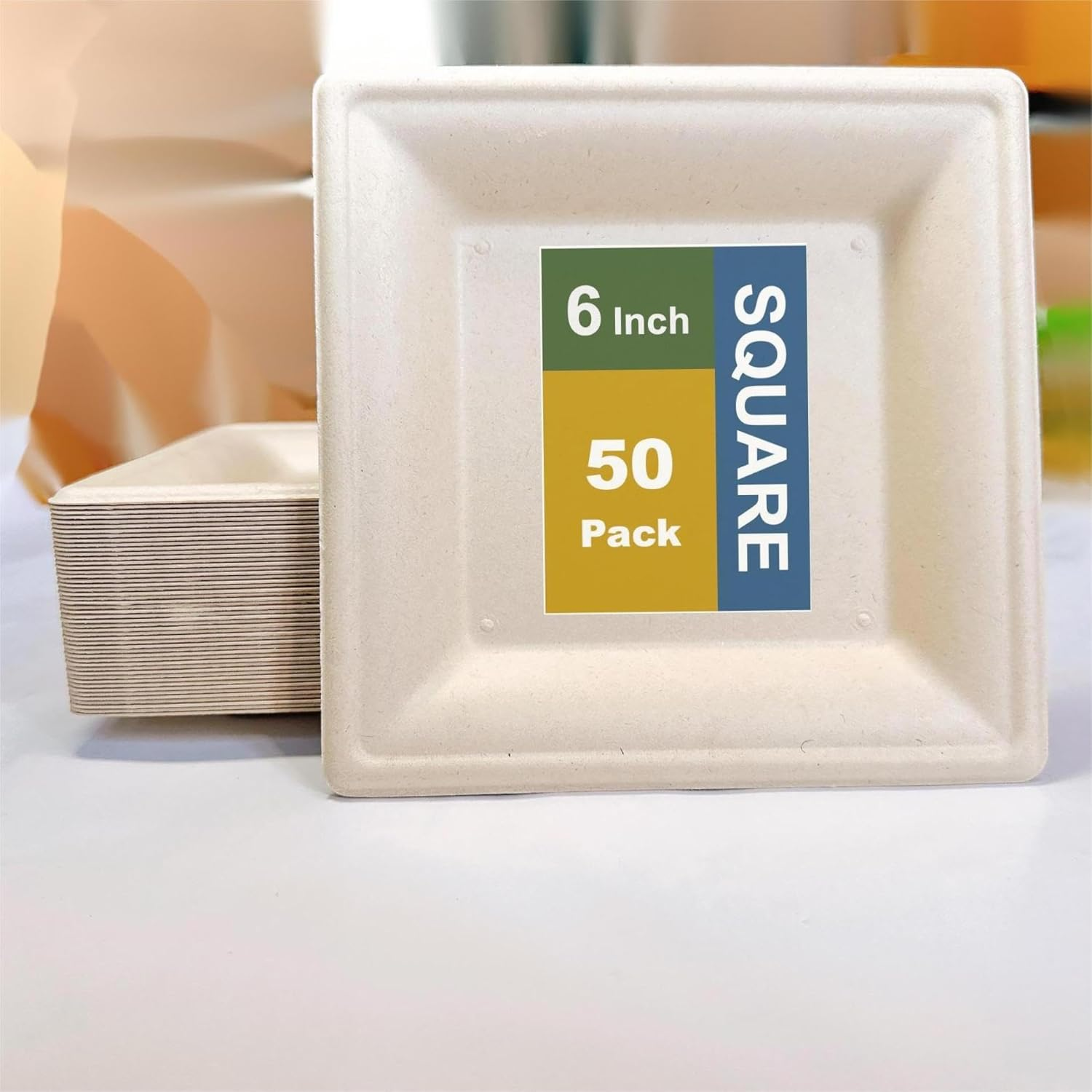 Xinligoods [6 Inch 50 Pcs] Biodegradable Square Disposable Paper Plates, Microwavable and Eco-Friendly, Sturdy, Suitable for Pizza, Dessert, Made of Bagasse Cane Fibers image number 1