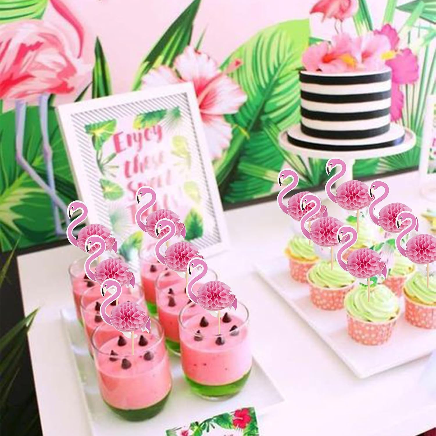 SYKYCTCY 50 Pack Hawaiian Luau 3D Flamingo Cupcake Toppers Tropical Flamingo Cupcake Picks for Summer Hawaii Luau Tropical Aloha Theme Baby Shower Birthday Wedding Party Cake Decorations Supplies